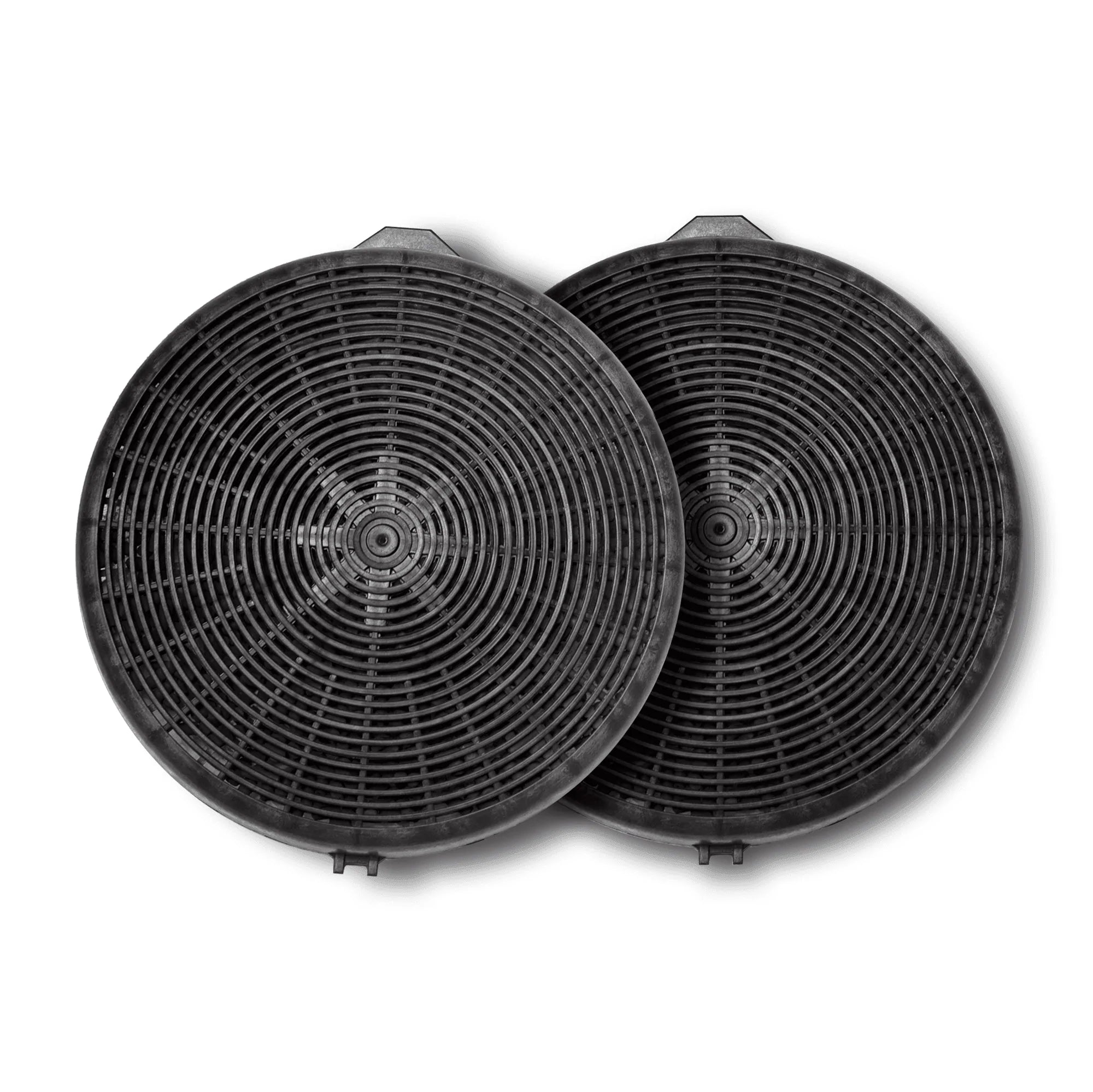 Two round charcoal replacement filters side by side with black wire grille and tabs