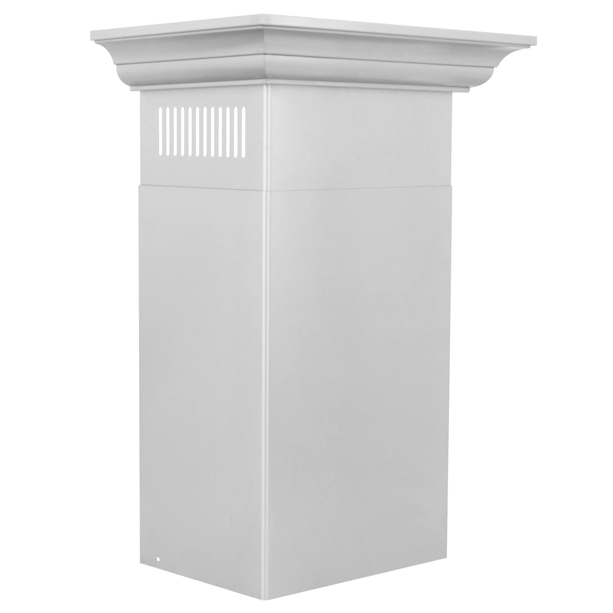White crown molding trim for wall range hood, straight column with top vent-style slots