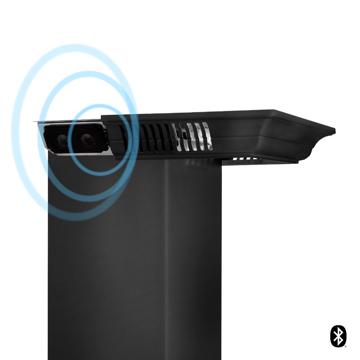 Black stainless steel crown molding accessory with speaker grille and Bluetooth icon