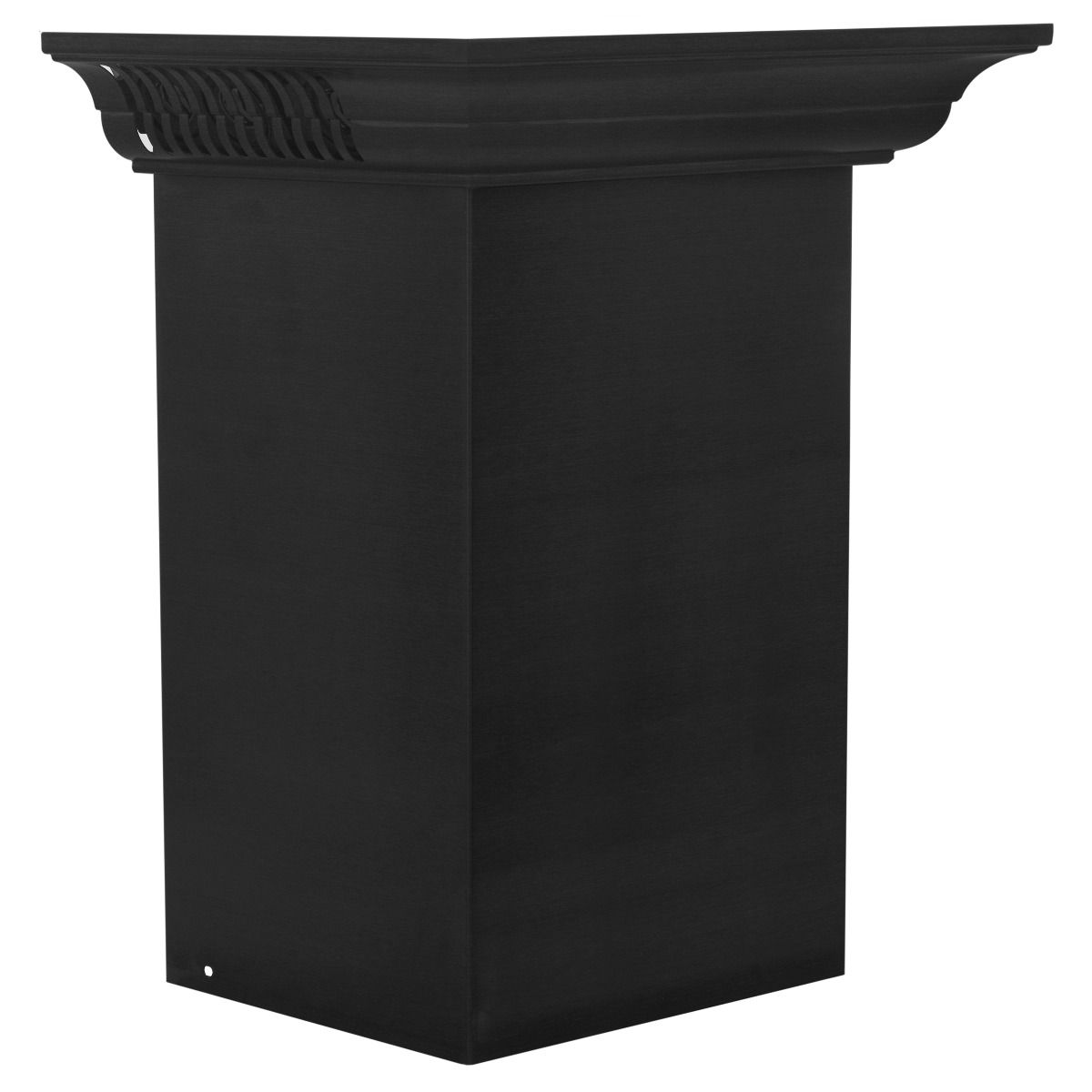 Black stainless steel corner crown molding accessory with flat face and mounting holes