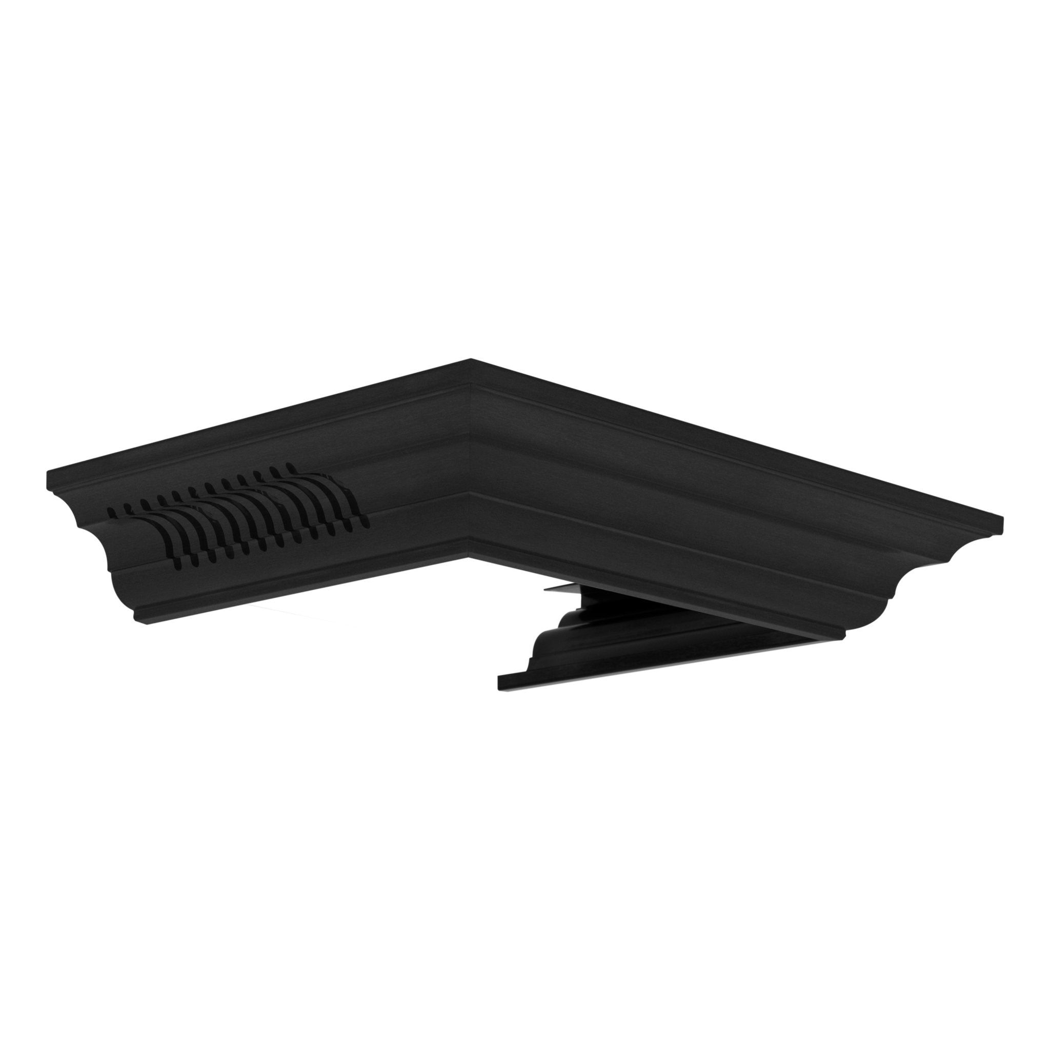 Black crown molding corner piece with built-in speaker grille and mounting base