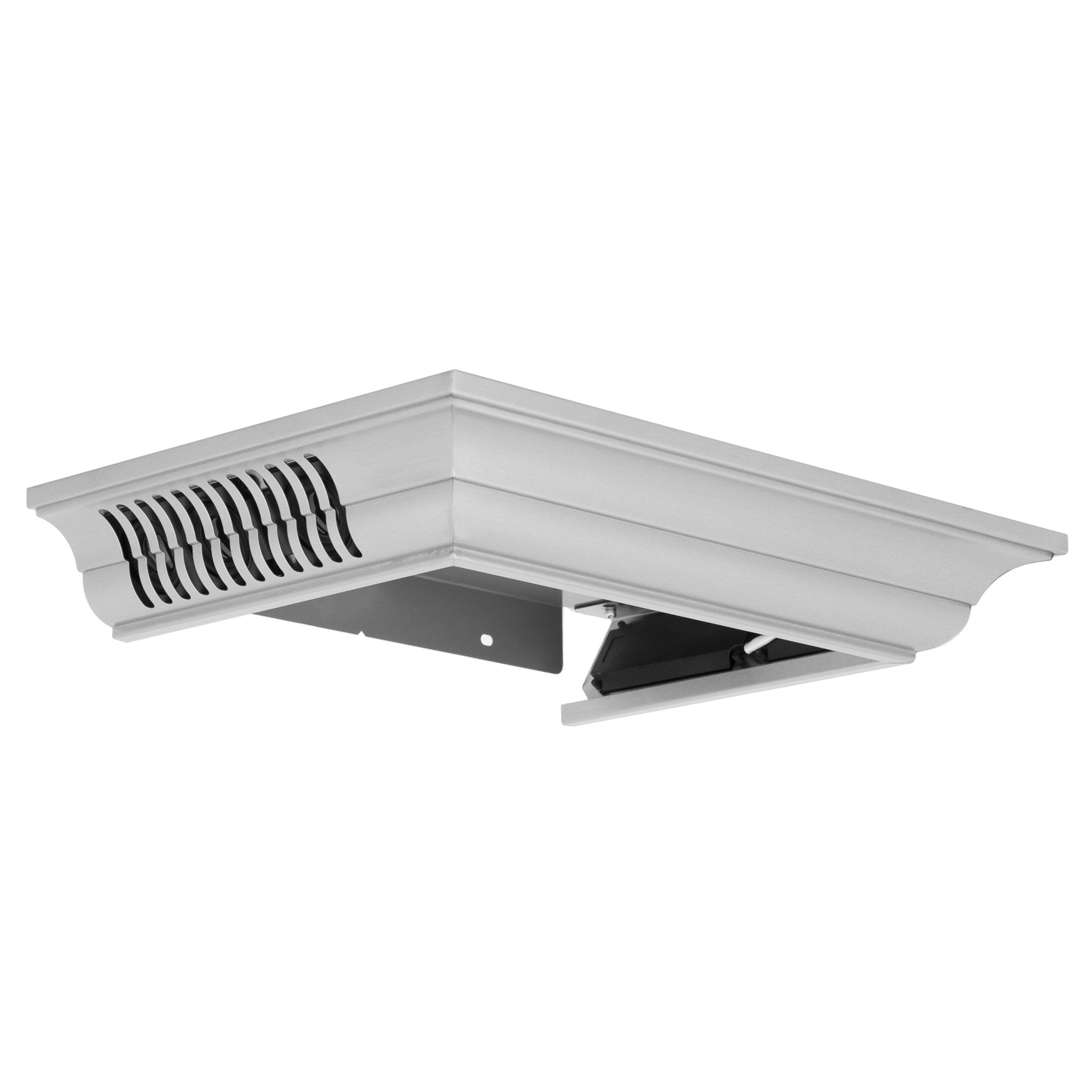 Light gray corner crown molding accessory with speaker grille and concealed panel