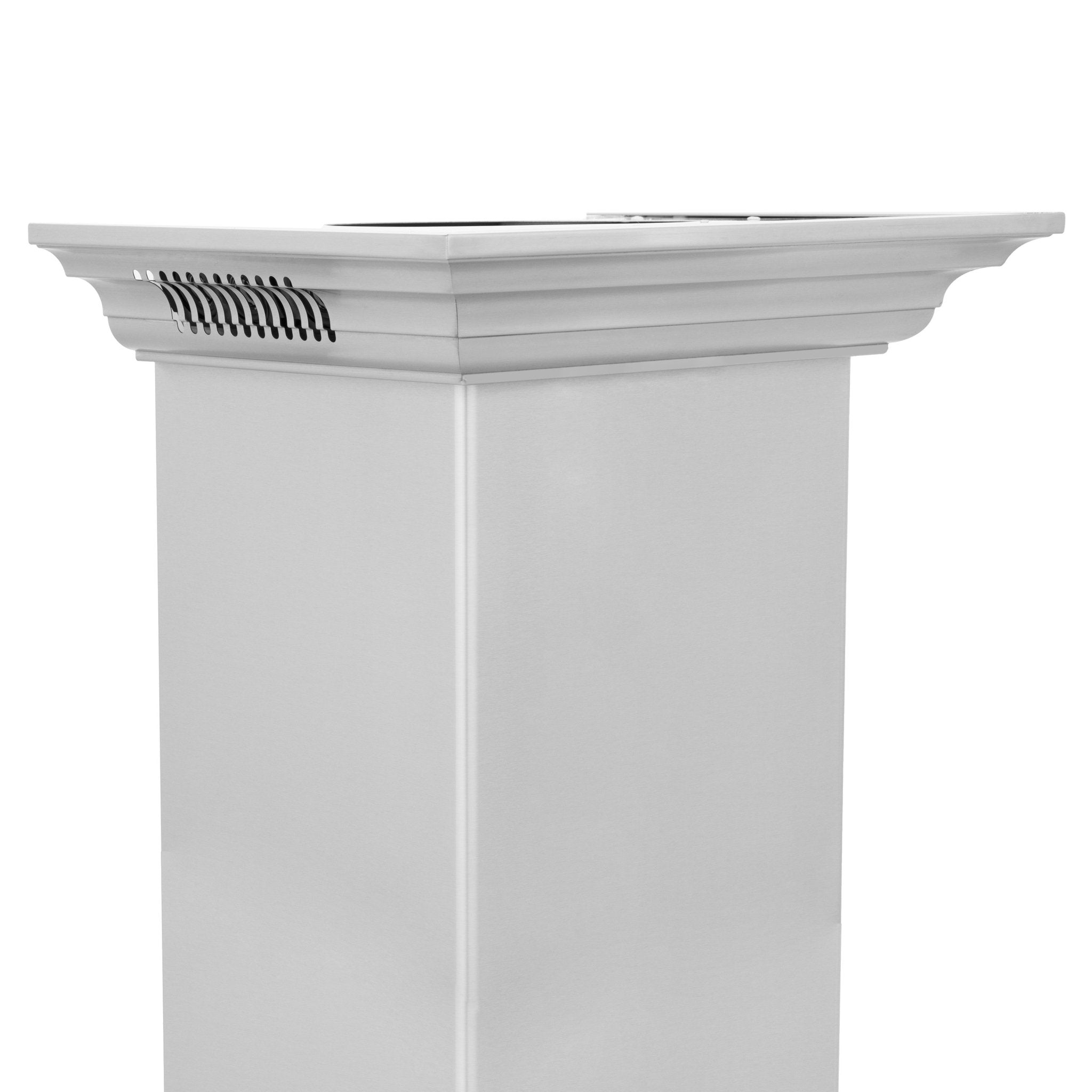 ZLINE crown molding accessory with built-in Bluetooth speaker grille on stainless-look finish