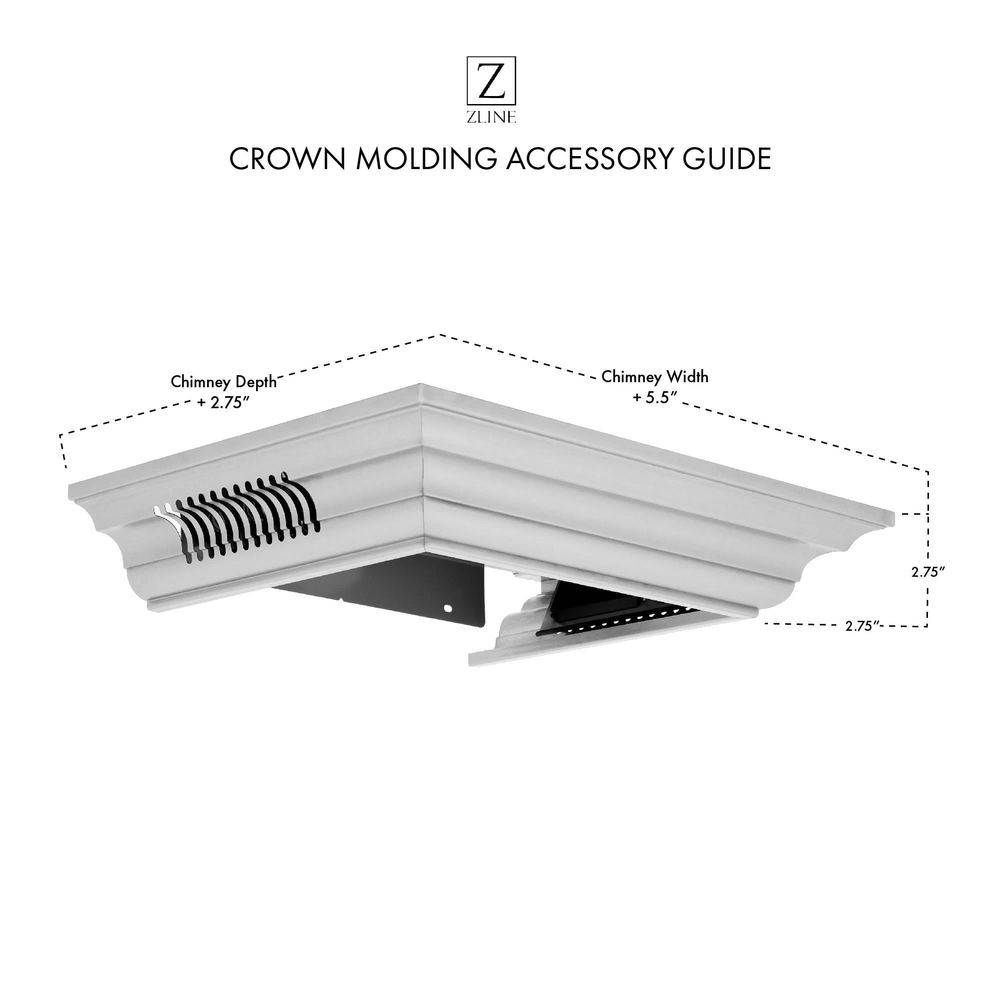 ZLINE crown molding accessory guide with built-in Bluetooth speakers and size dimensions