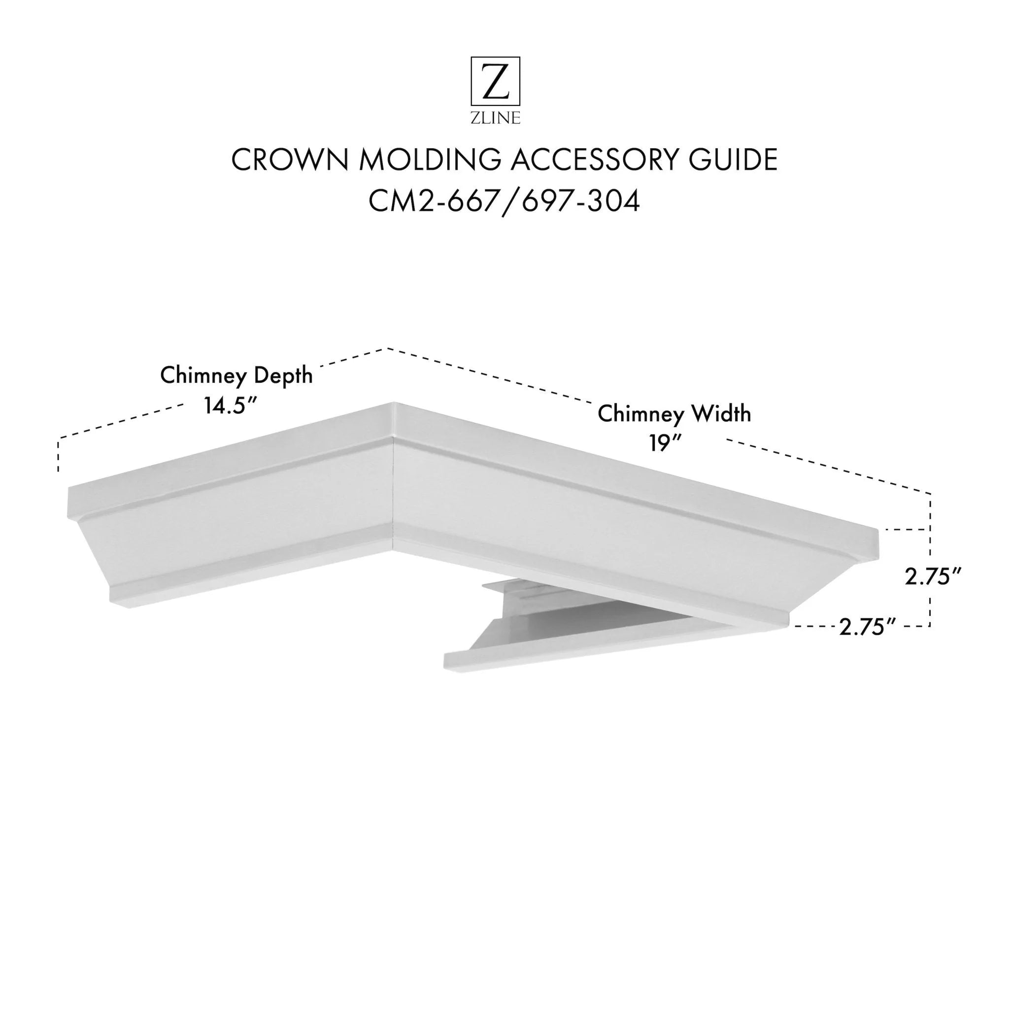 ZLINE crown molding accessory guide diagram with corner chimney cover dimensions