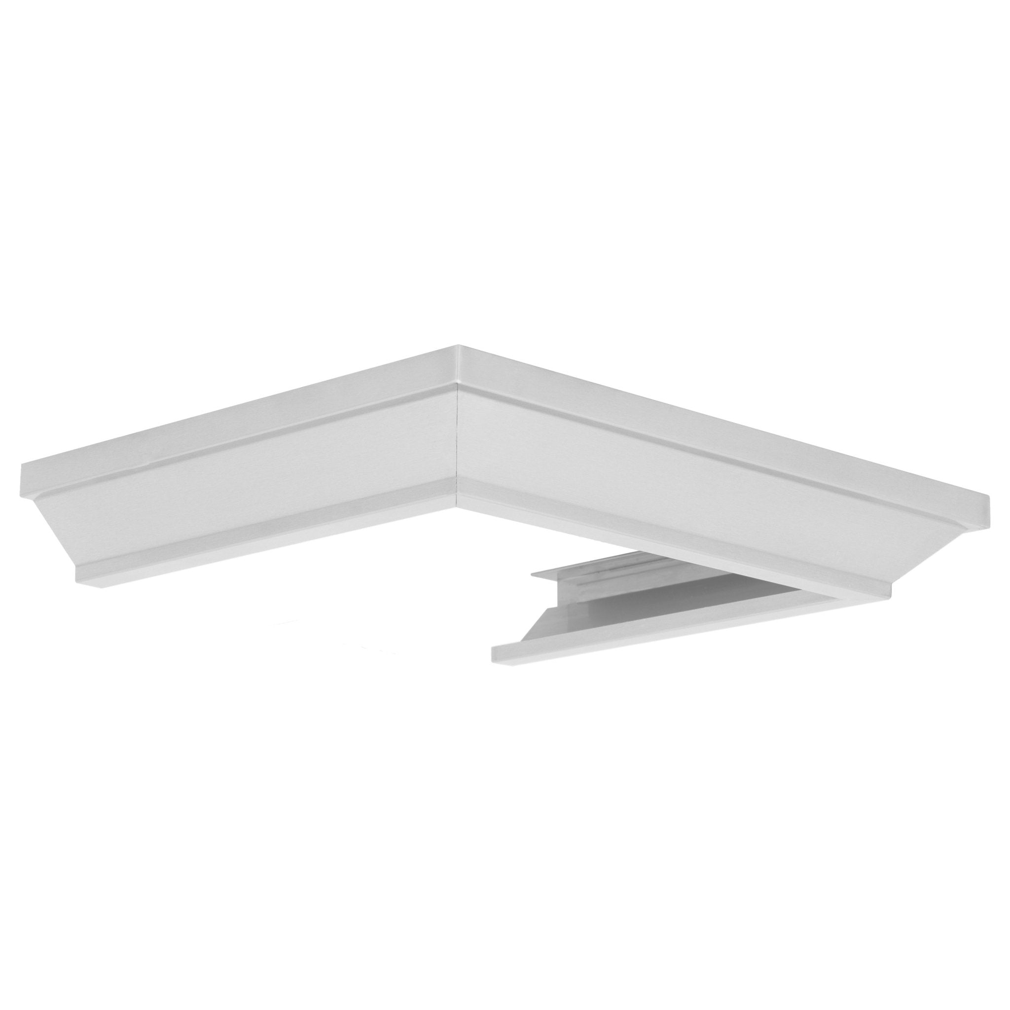 White corner crown molding profile for wall-mount range hood, angled view