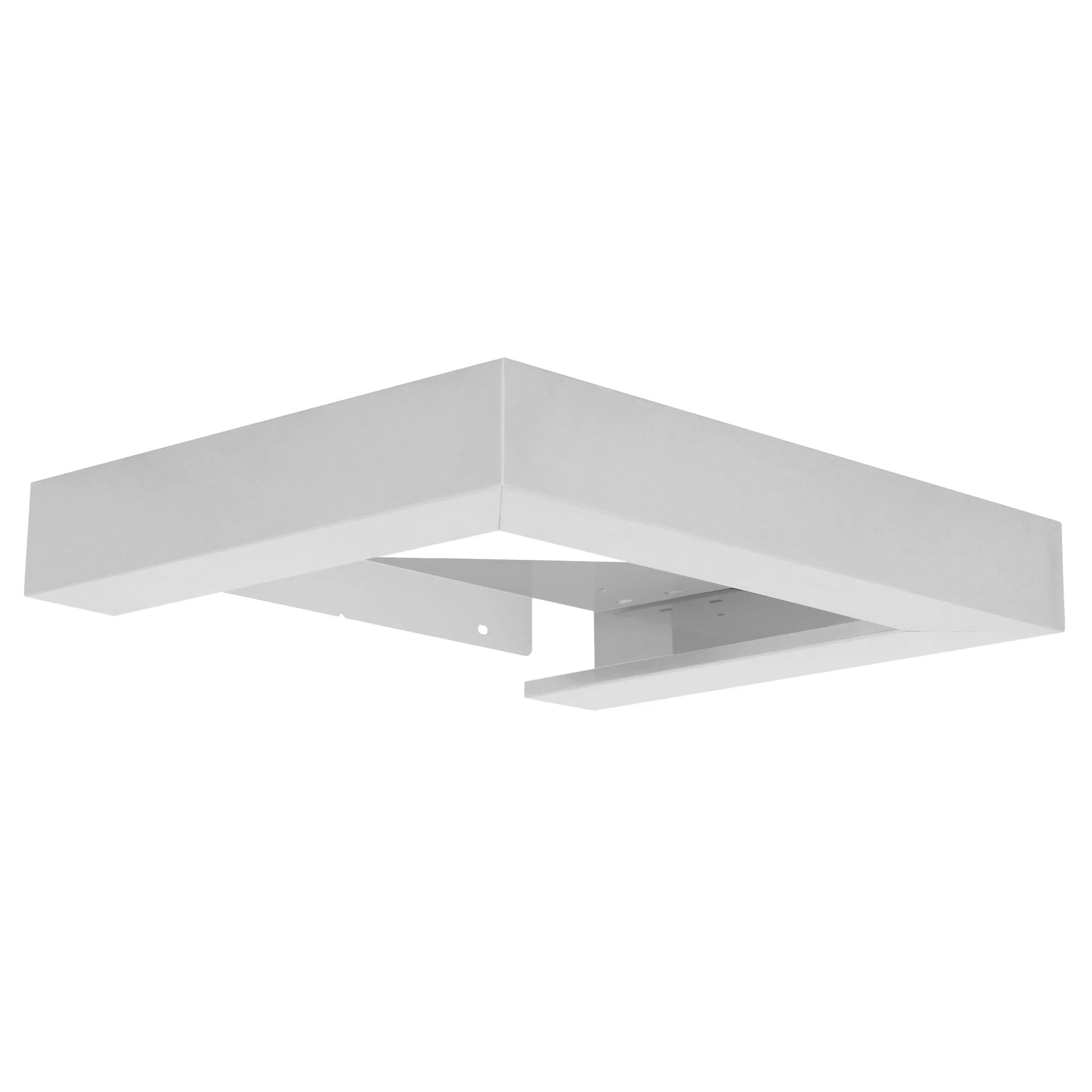 Corner underside view of white crown molding profile for wall mount range hood