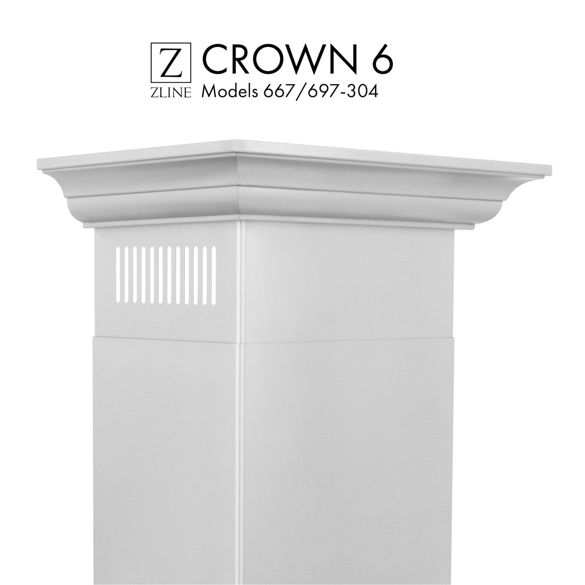 White wall-mount range hood crown molding profile with fluted side accents