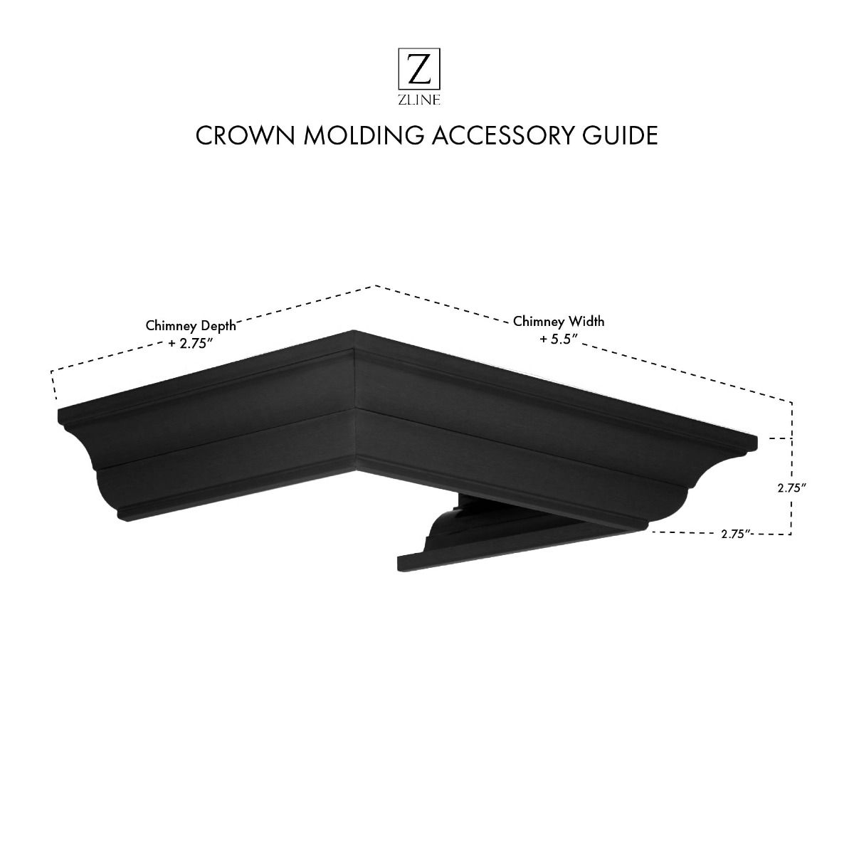Black crown molding profile corner piece for wall-mount range hood, with angled support