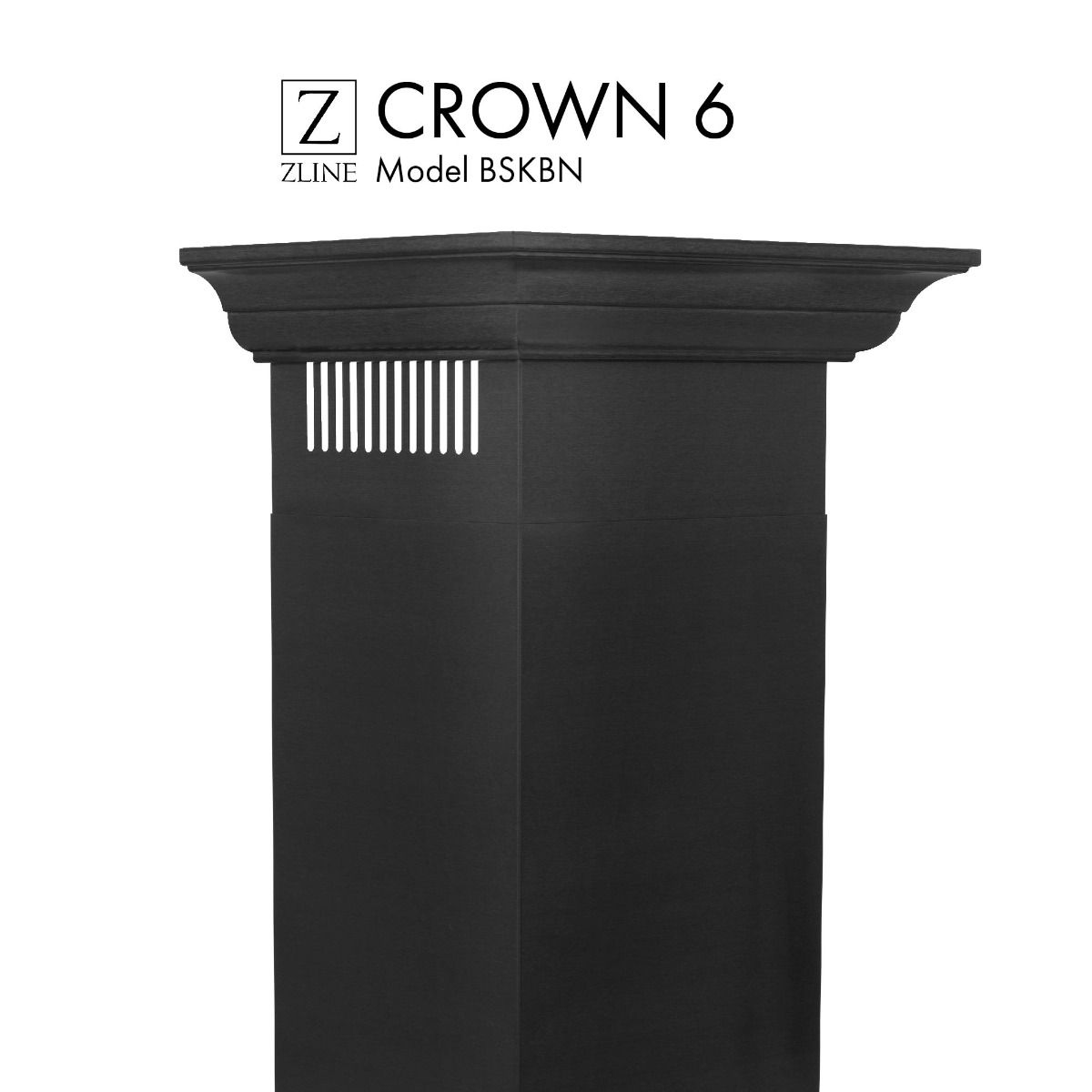 Black crown molding profile for wall-mount range hood, top edge and vent slat openings