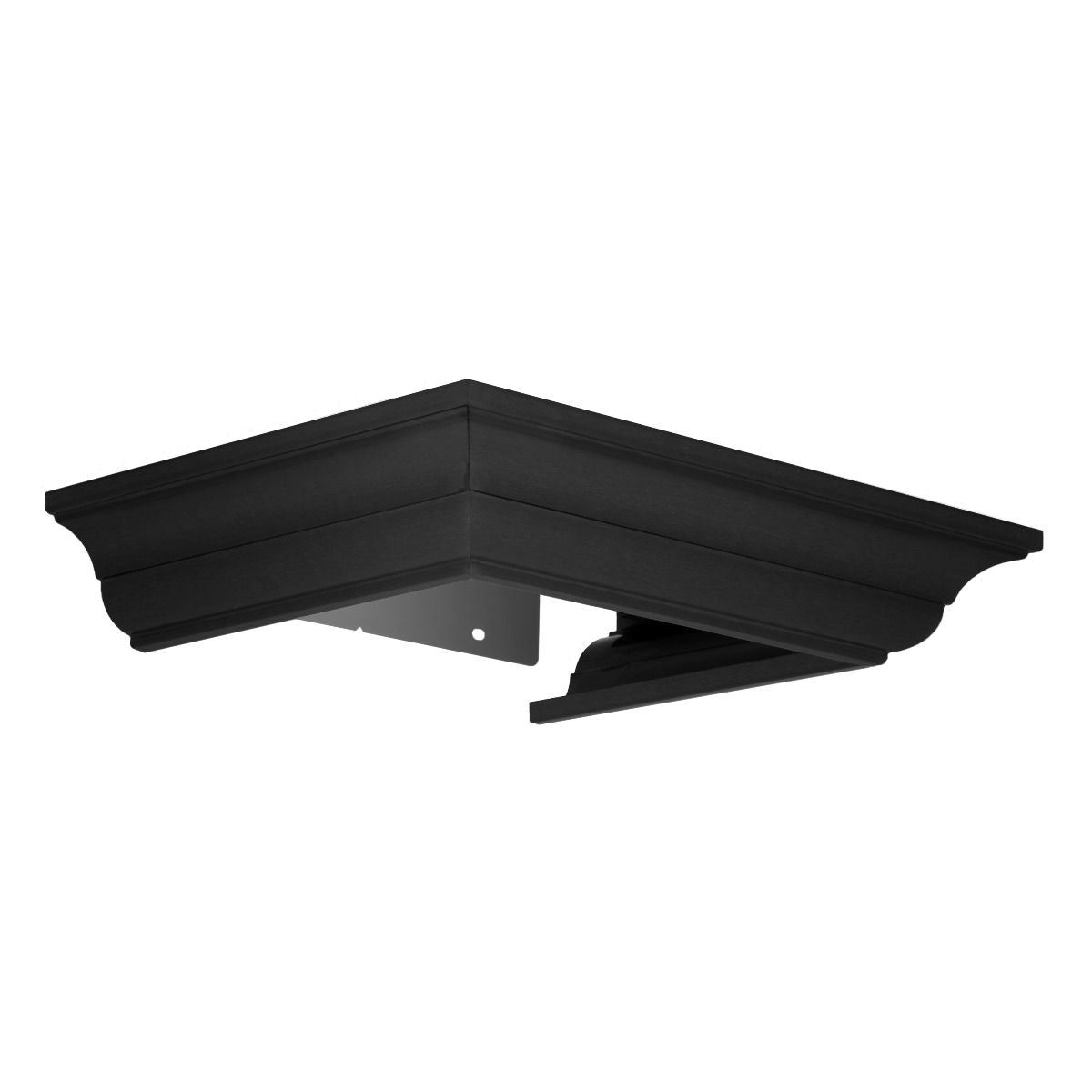 Black crown molding profile corner piece for wall-mount range hood, with brackets