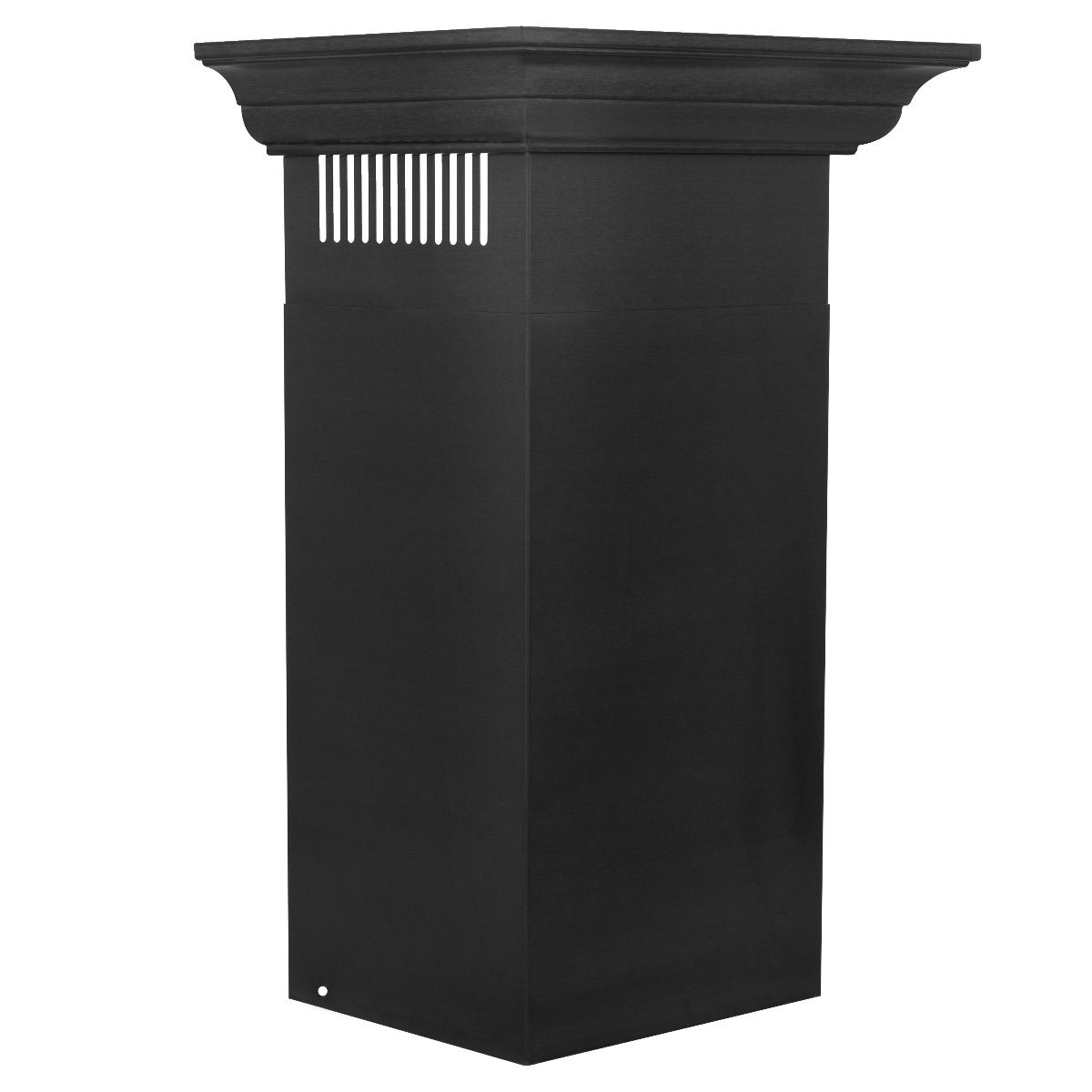 Black crown molding profile for wall-mount range hood, front panel with vent slat opening