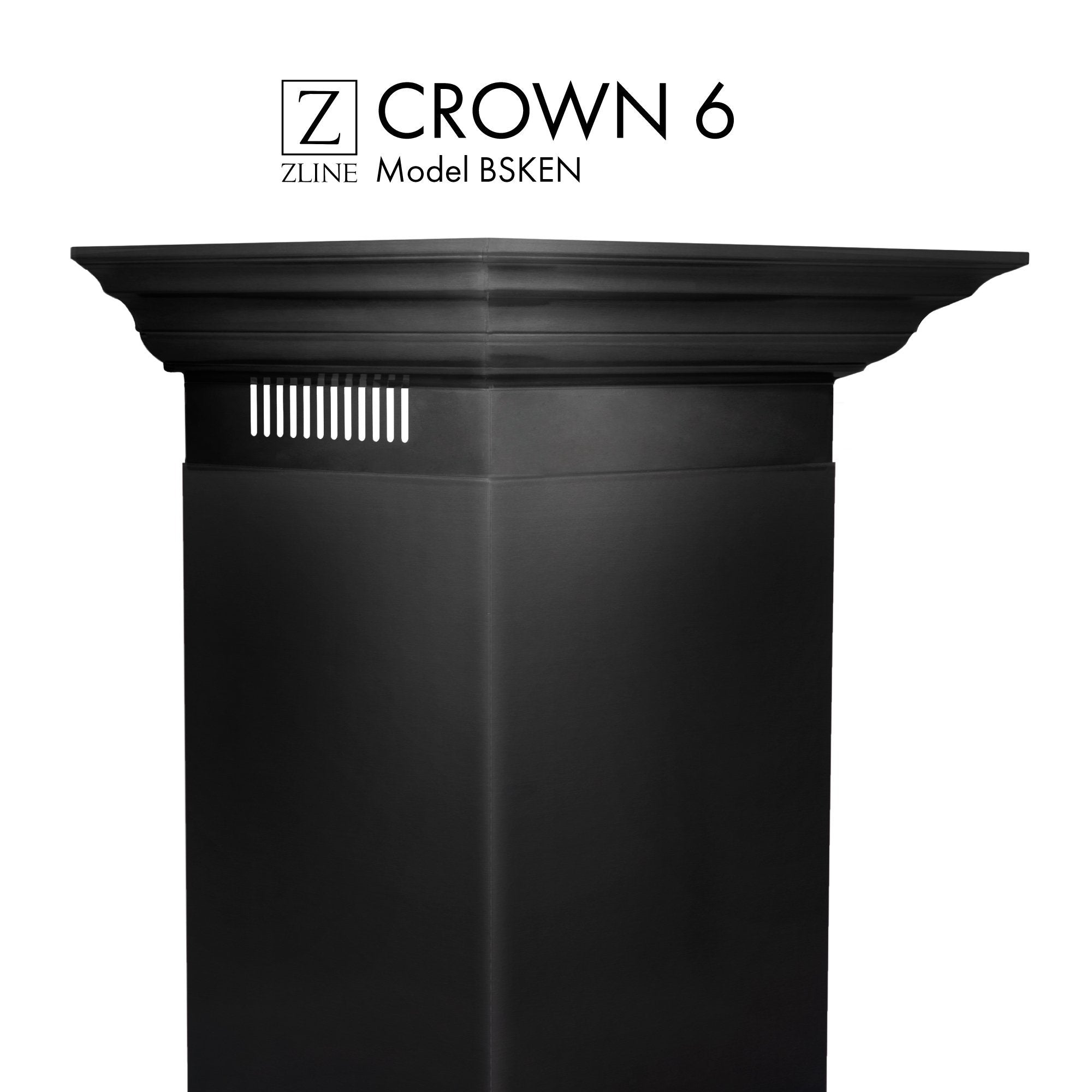 Black crown molding profile for wall-mount range hood, with vent grille at top