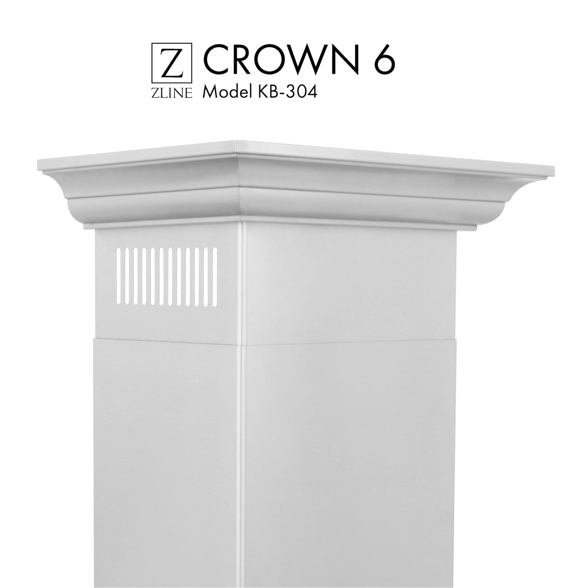 White ZLINE Crown 6 wall-mount range hood chimney molding profile with vent panel cutout