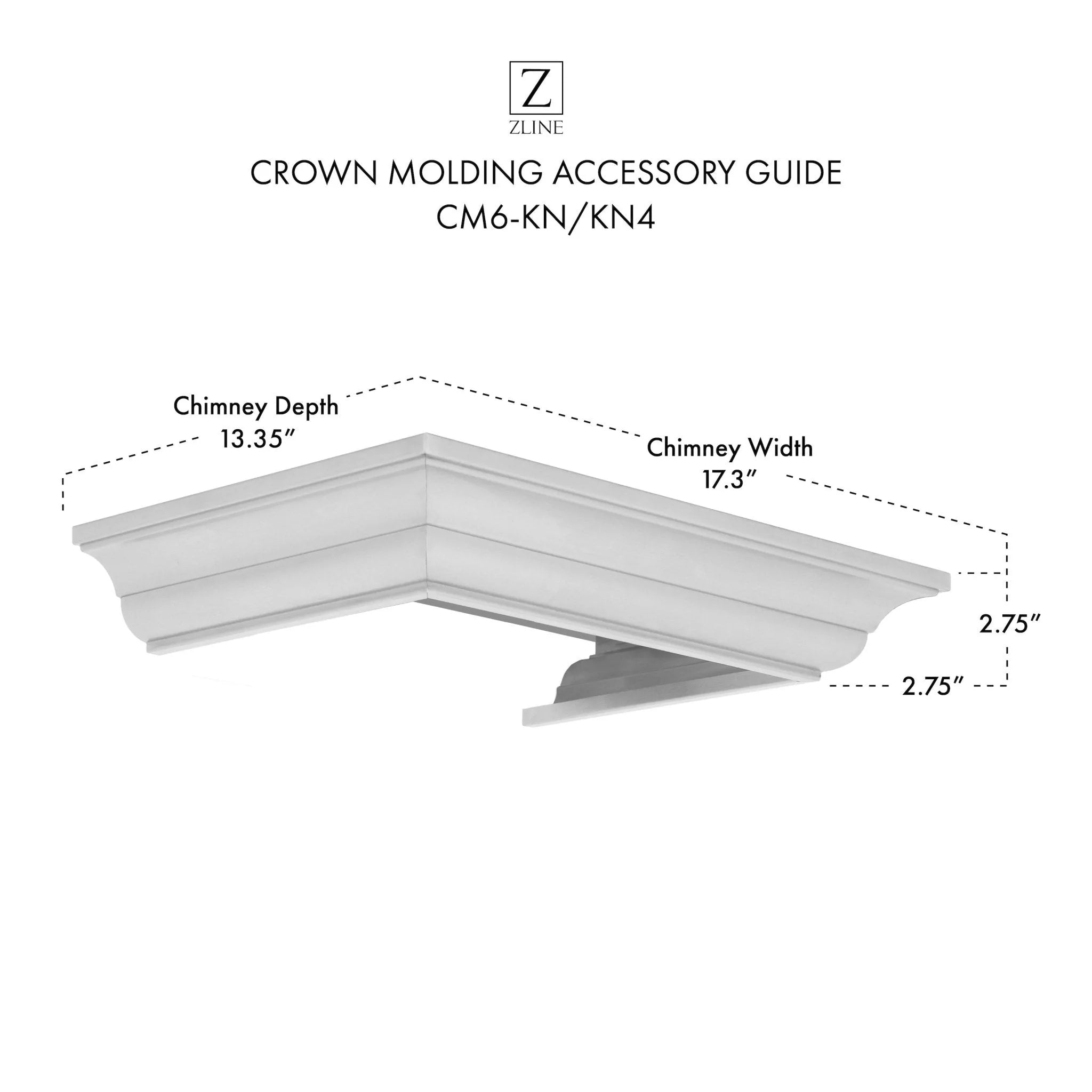 ZLINE crown molding accessory guide, wall hood corner dimensions diagram