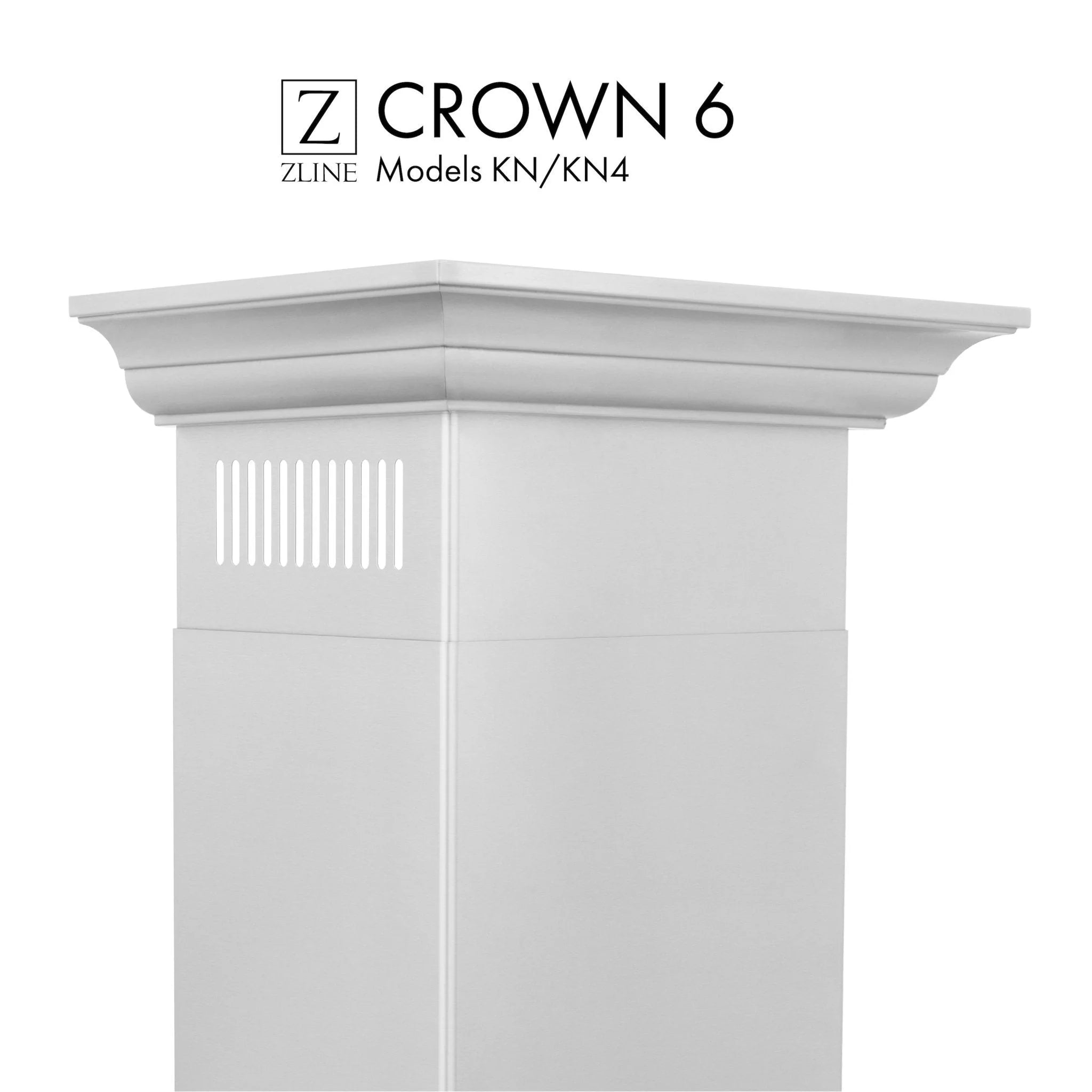 ZLINE crown molding profile 6 for wall-mount range hood, white exterior with vent slots