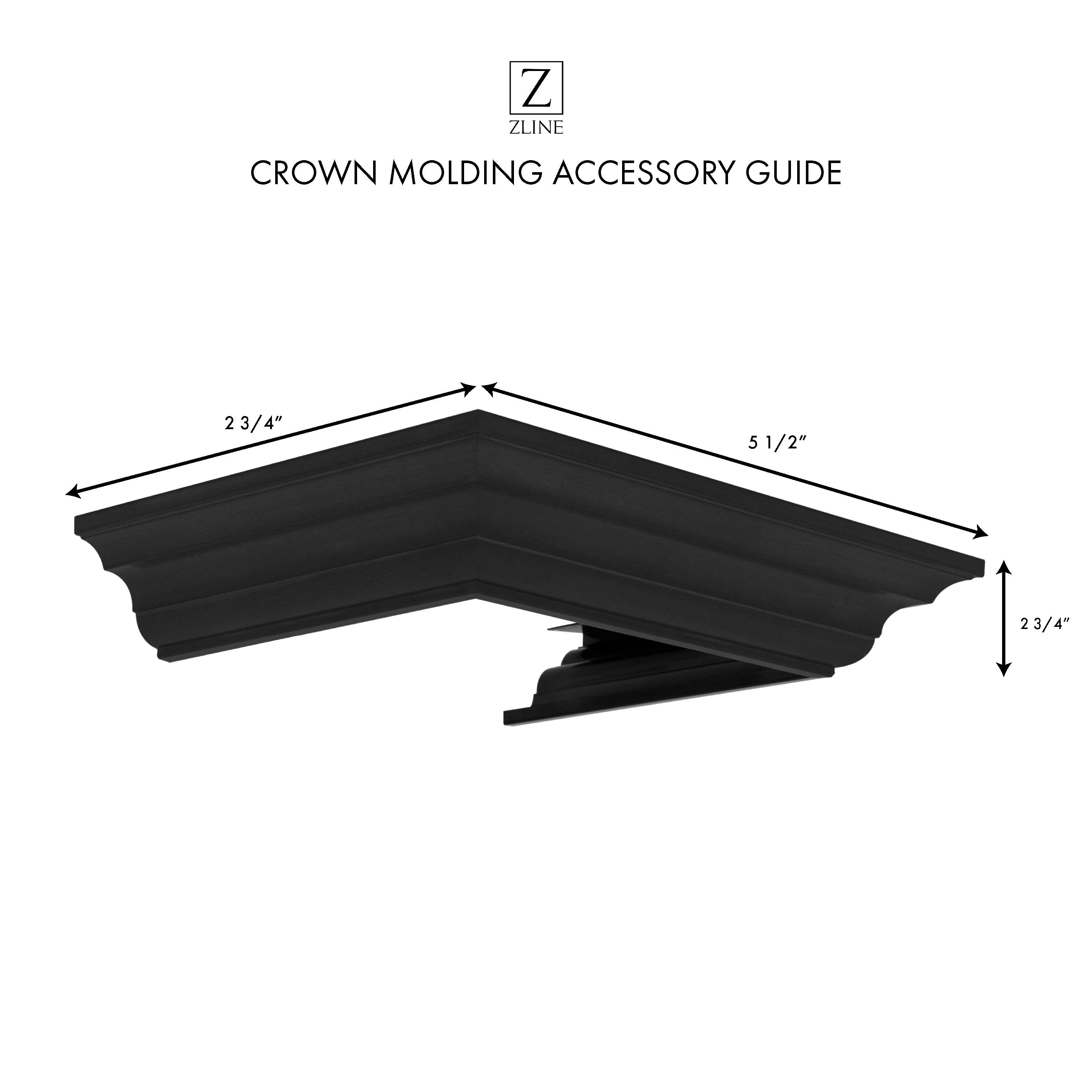 Black crown molding accessory guide with dimension arrows for corner installation