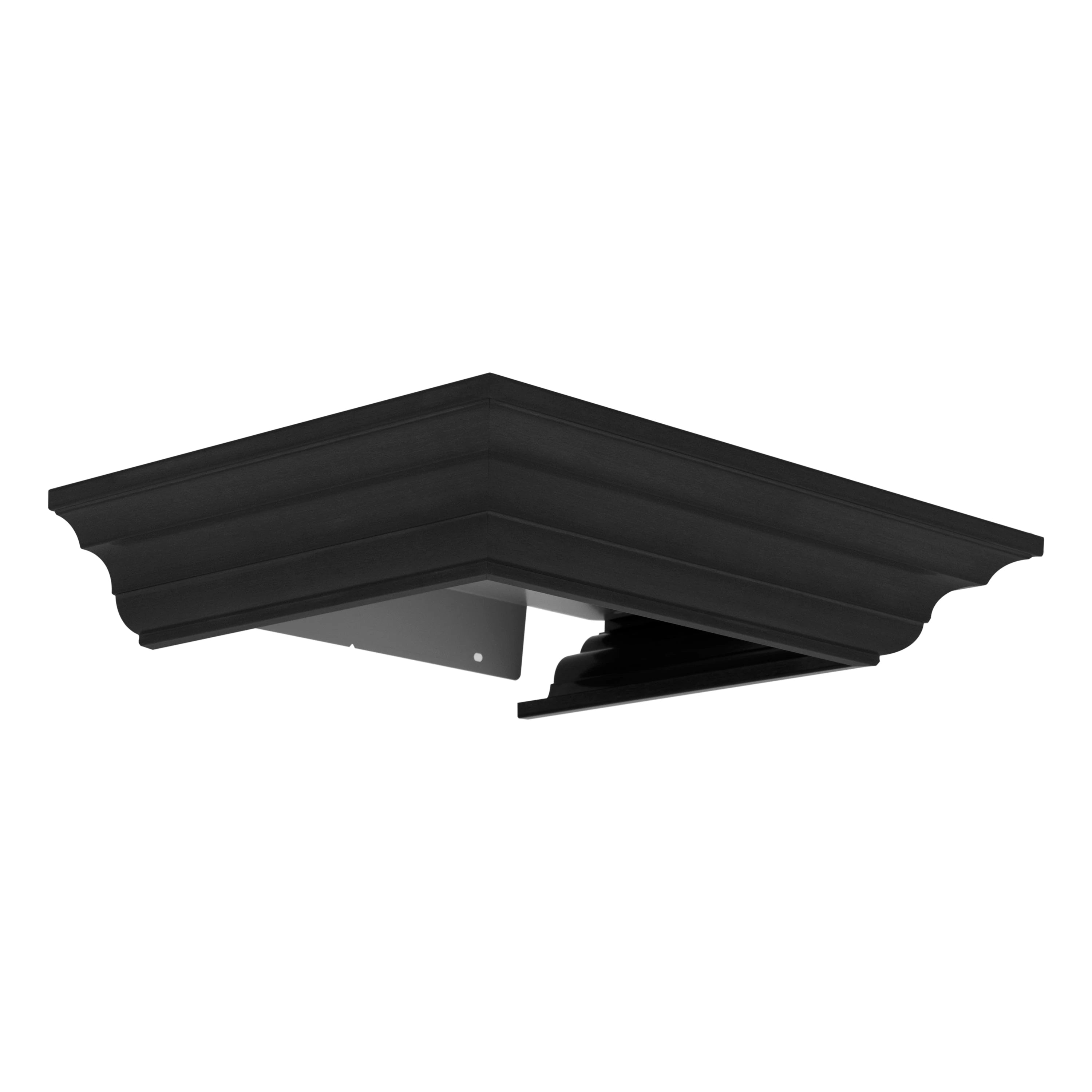 Black crown molding corner profile for wall-mount range hood, underside mounting tabs