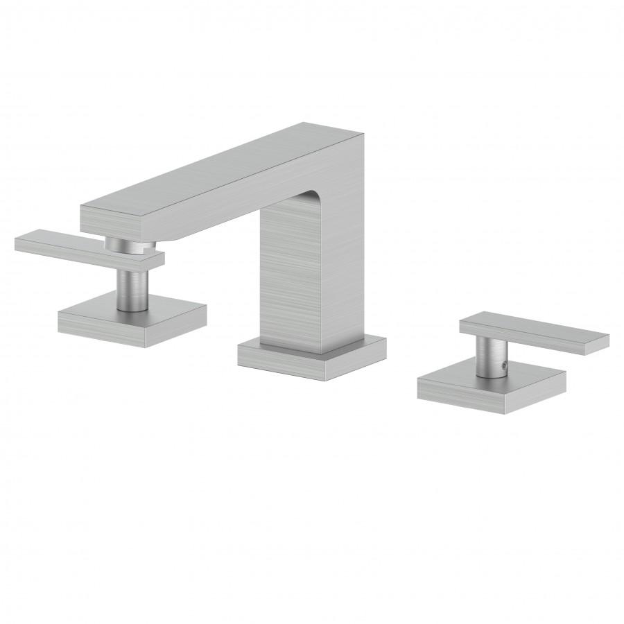 Brushed nickel widespread bath faucet set: center spout and two deck handles