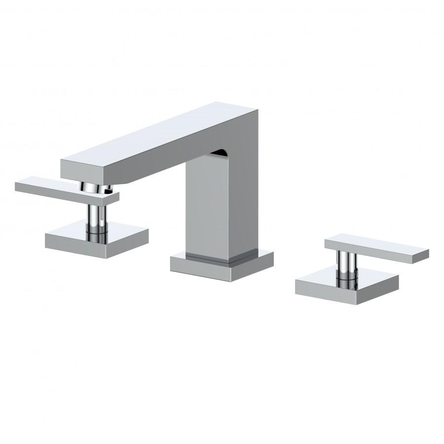 Chrome widespread bath faucet set with rectangular spout and two deck-mounted handles