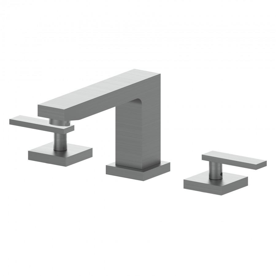 Gunmetal widespread bath faucet with rectangular spout and matching control handles