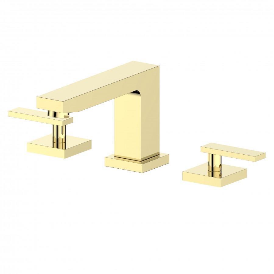 Polished gold widespread bath faucet set with spout, deck plate, and separate handles