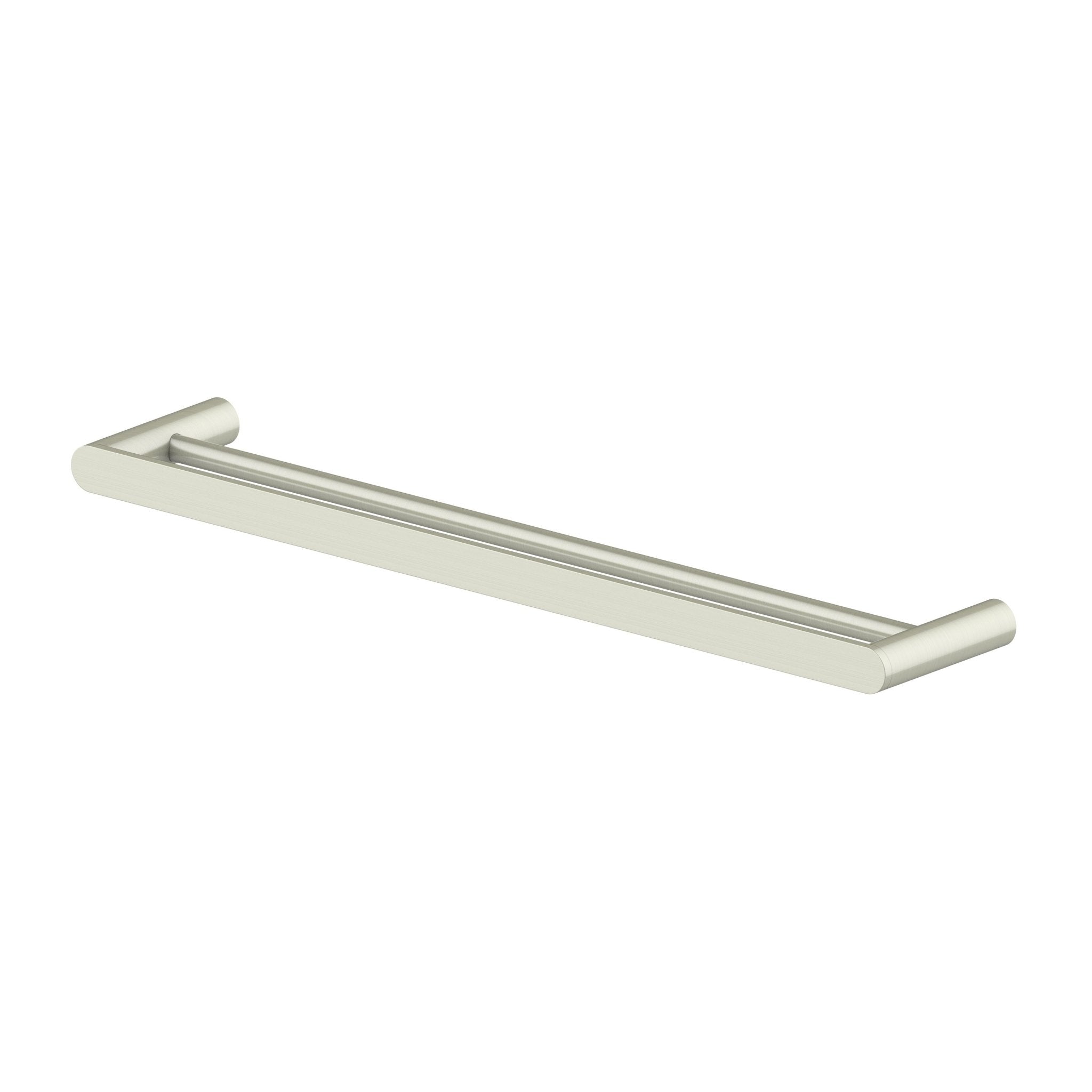 Brushed nickel double towel bar rail with rounded end supports, wall-mounted