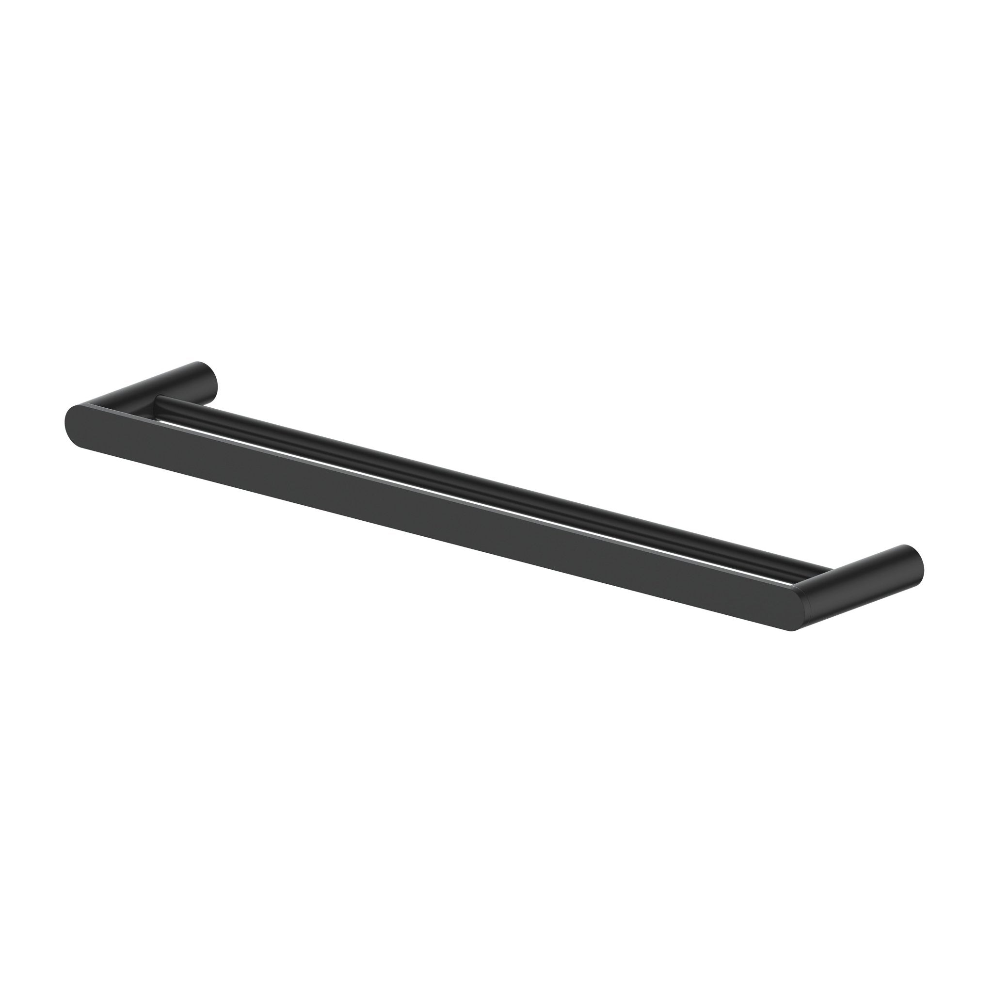 Matte black double towel rail with cylindrical end holders and horizontal bar