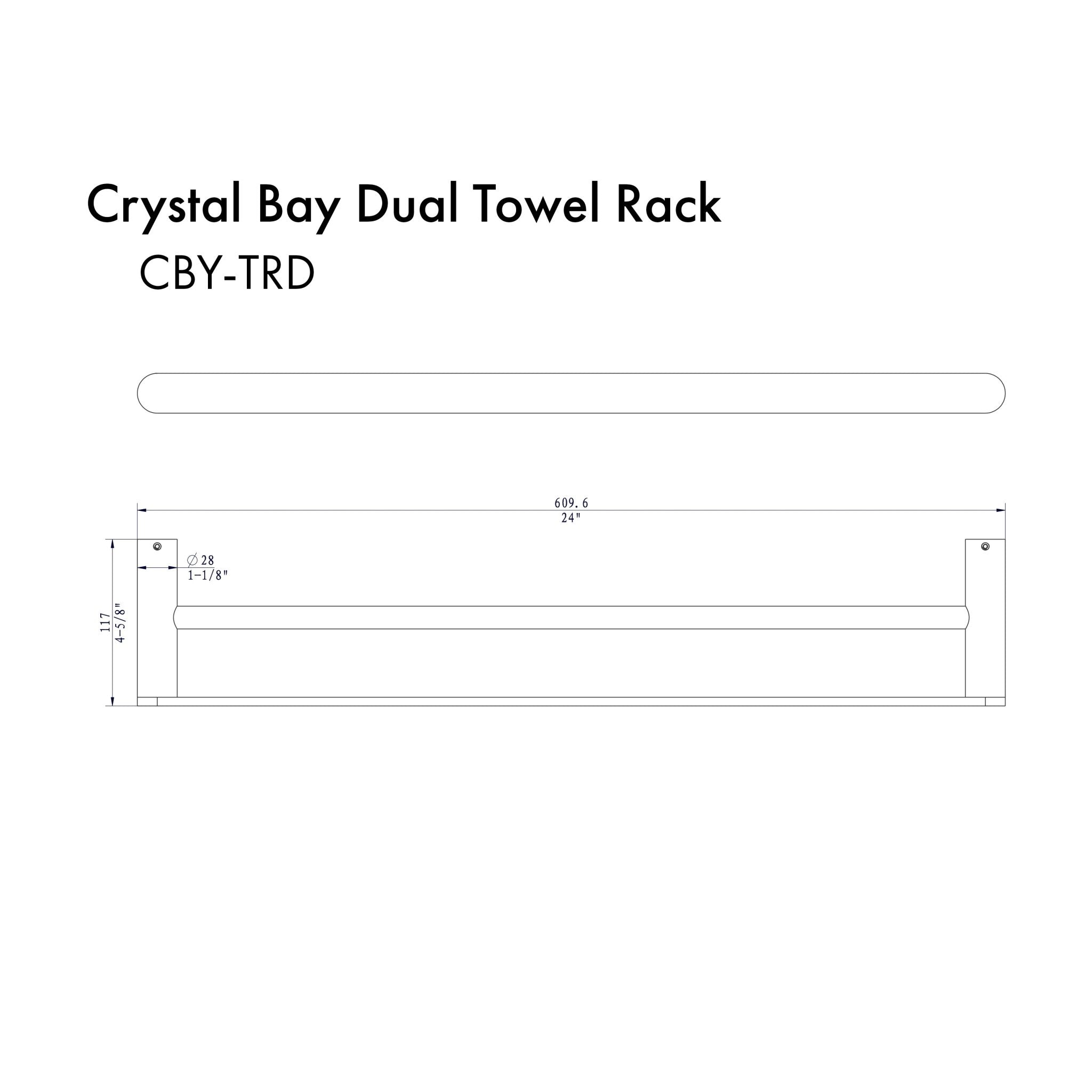 Dimension diagram of a wall-mounted polished gold double towel rail.