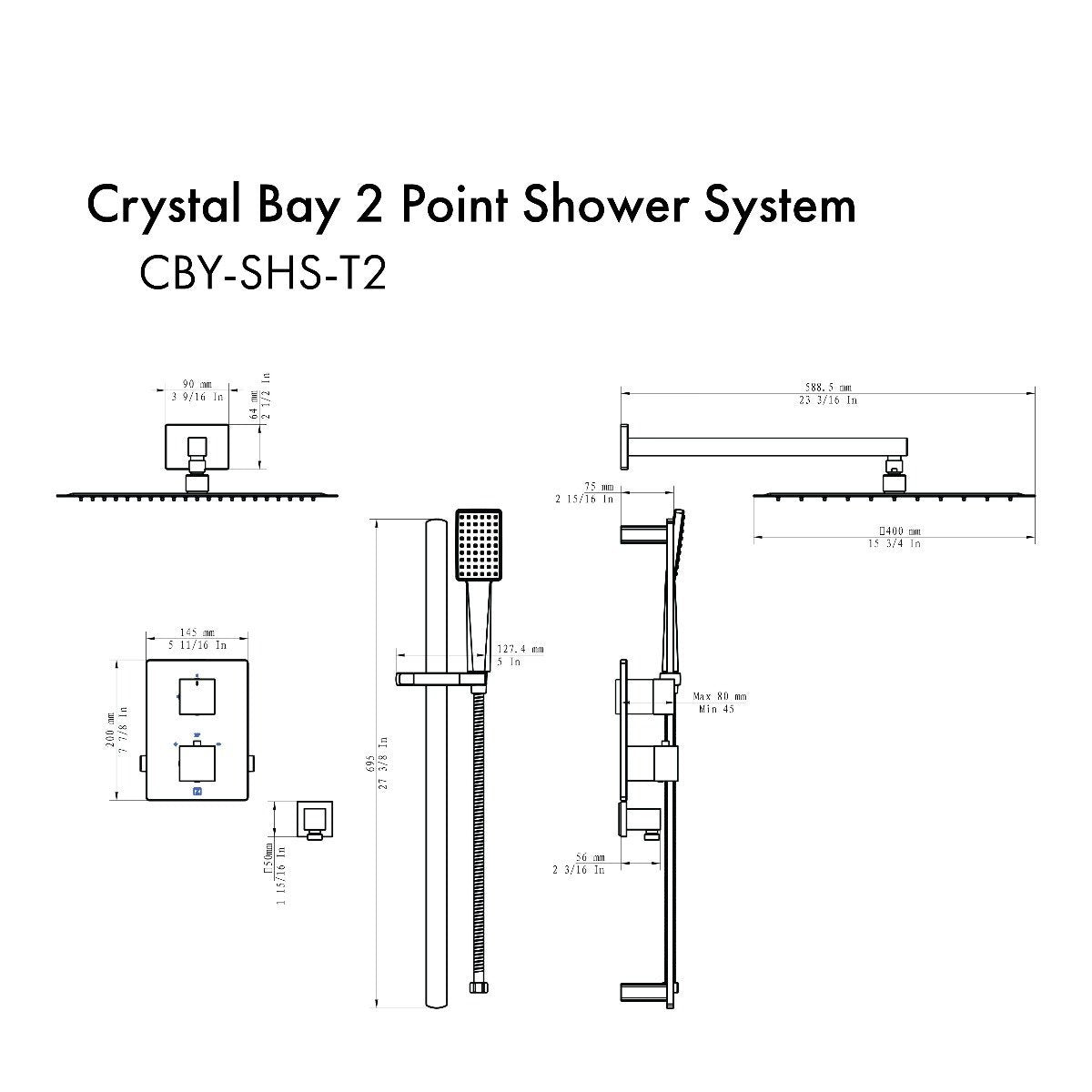 Thermostatic shower system diagram showing overhead and handheld sprayers with controls