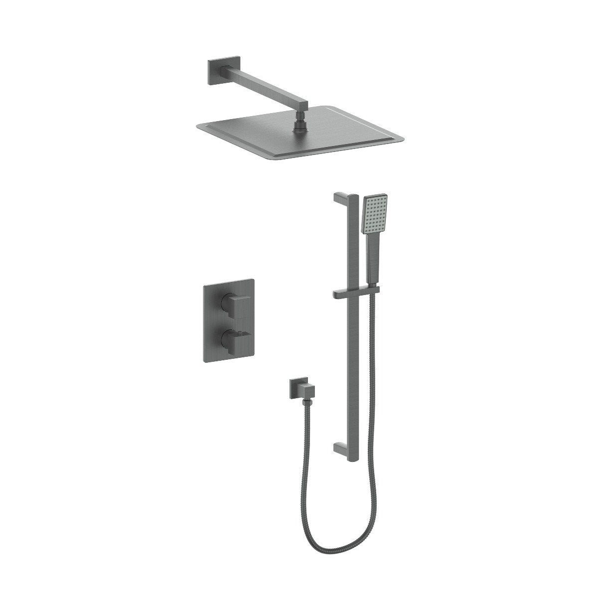 Gun metal thermostatic shower system with square overhead and handheld sprayer