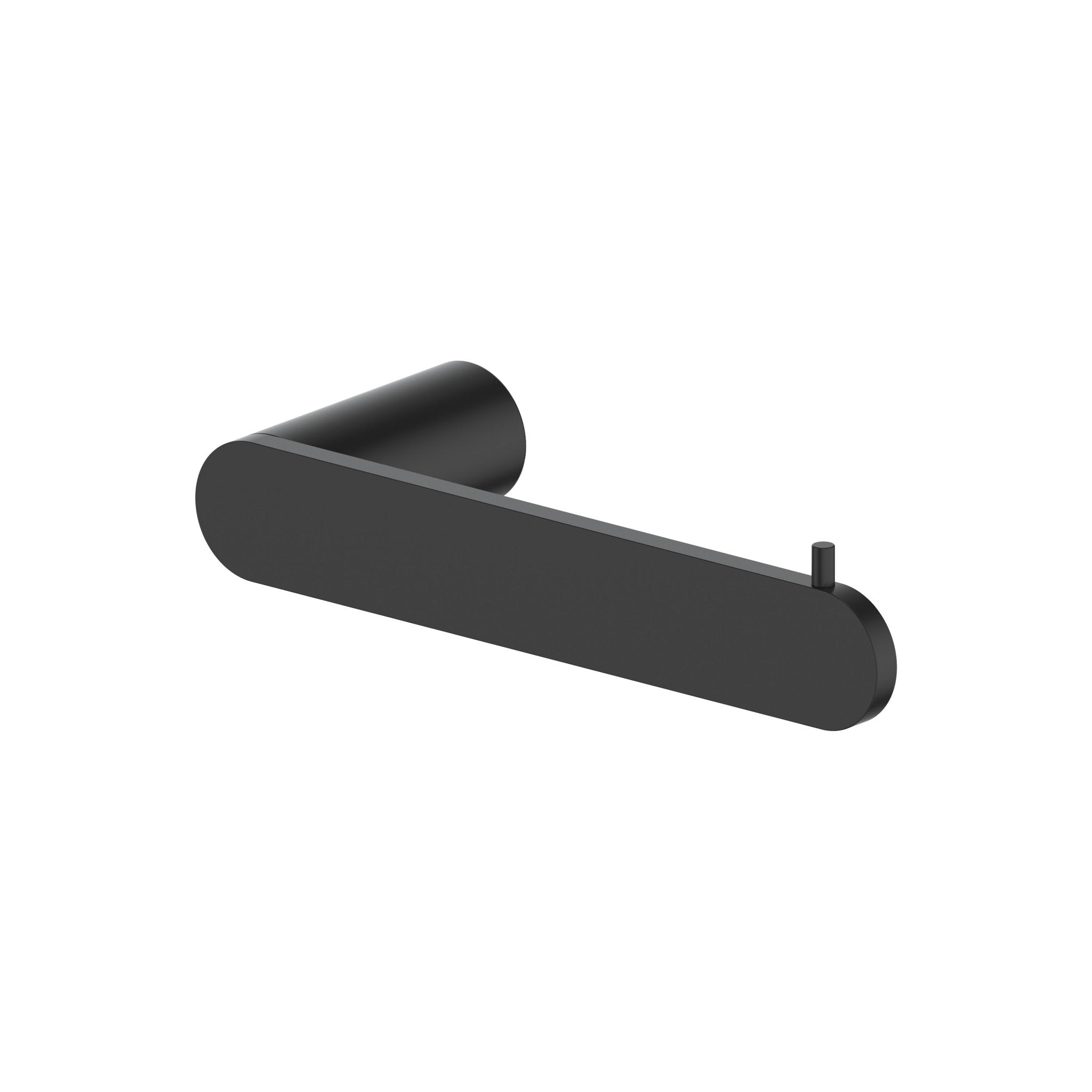 Matte black toilet paper holder with rounded bar and vertical end stop