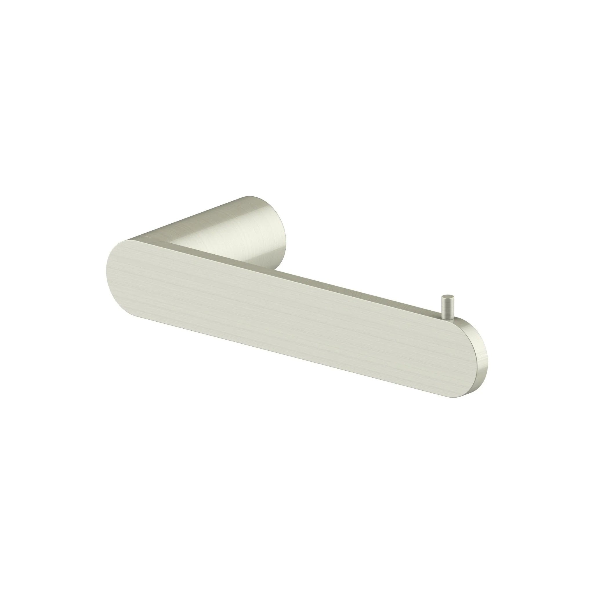 Brushed nickel wall-mounted toilet paper holder with curved cylindrical support