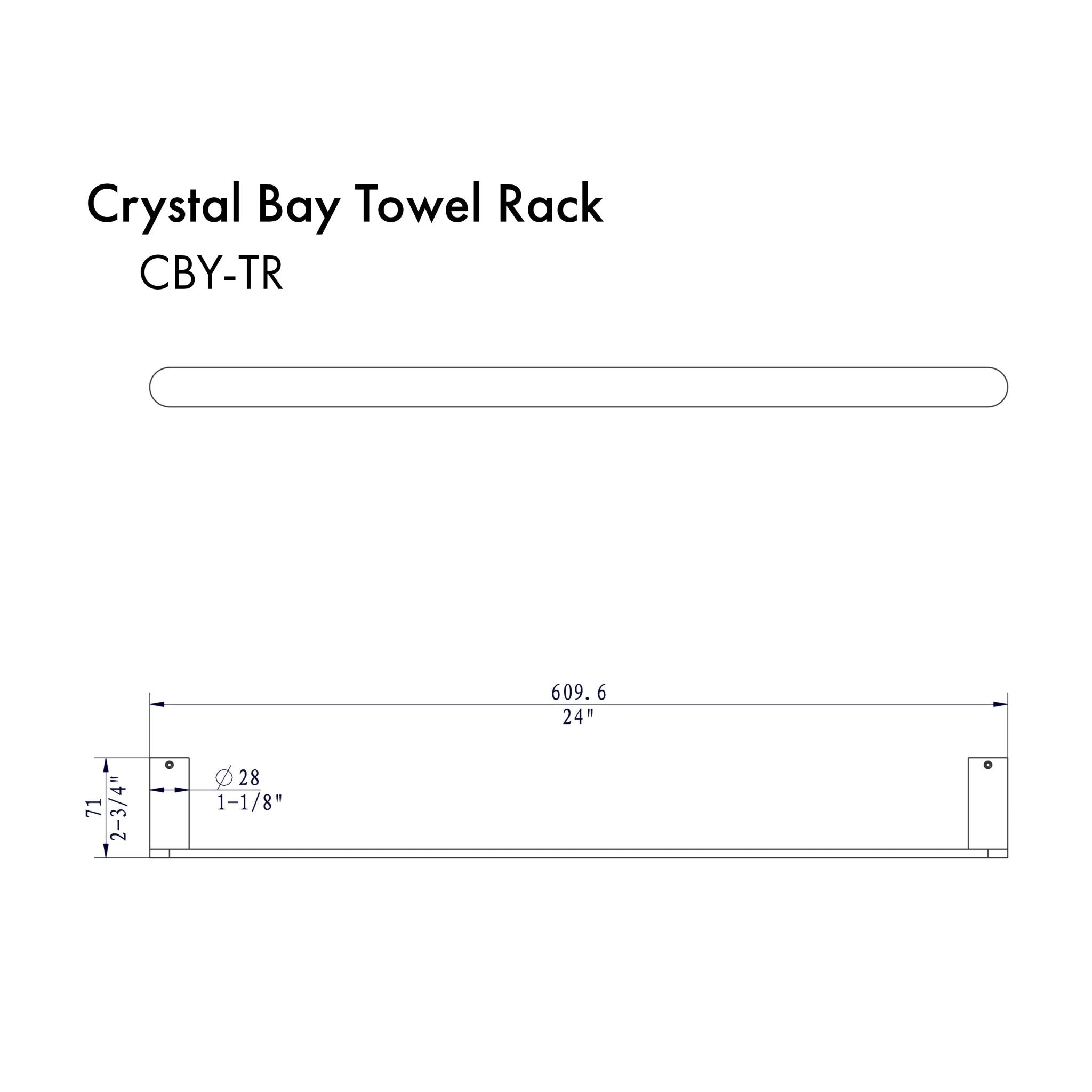 Chrome towel rail bar with mounting ends, technical dimension diagram