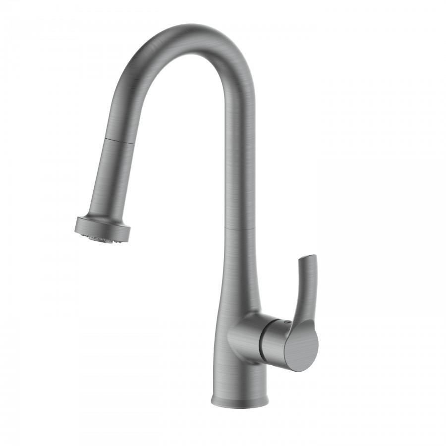 Gun metal kitchen faucet close-up with tall arched spout and side lever