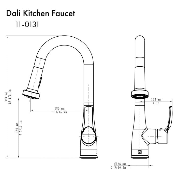 Matte black kitchen faucet line drawing with labeled dimensions and two views
