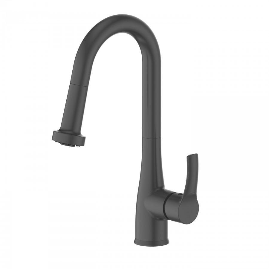 Matte black kitchen faucet with high-arc gooseneck and curved side handle