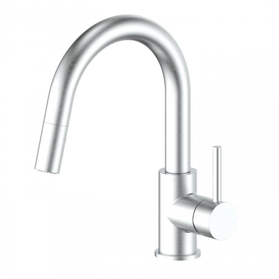 Brushed nickel single-hole kitchen faucet with tall arched spout and round handle