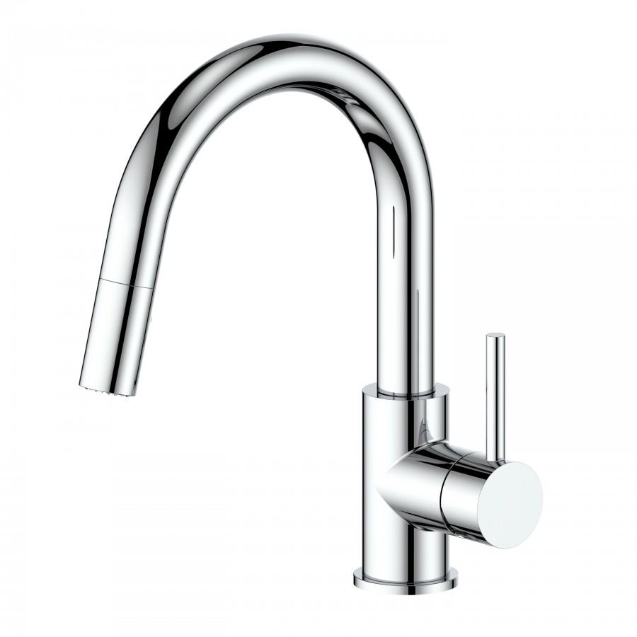 Chrome kitchen faucet with arched spout and single deck-mounted control