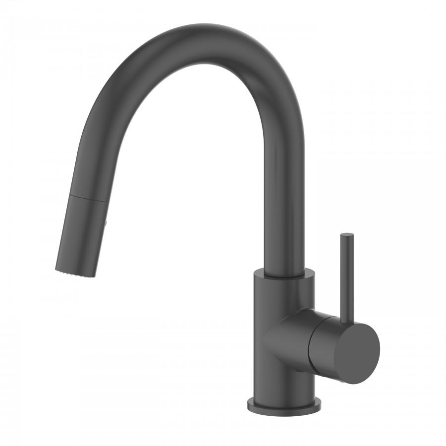 Matte black kitchen faucet with tall arched spout, cylindrical base, and single handle