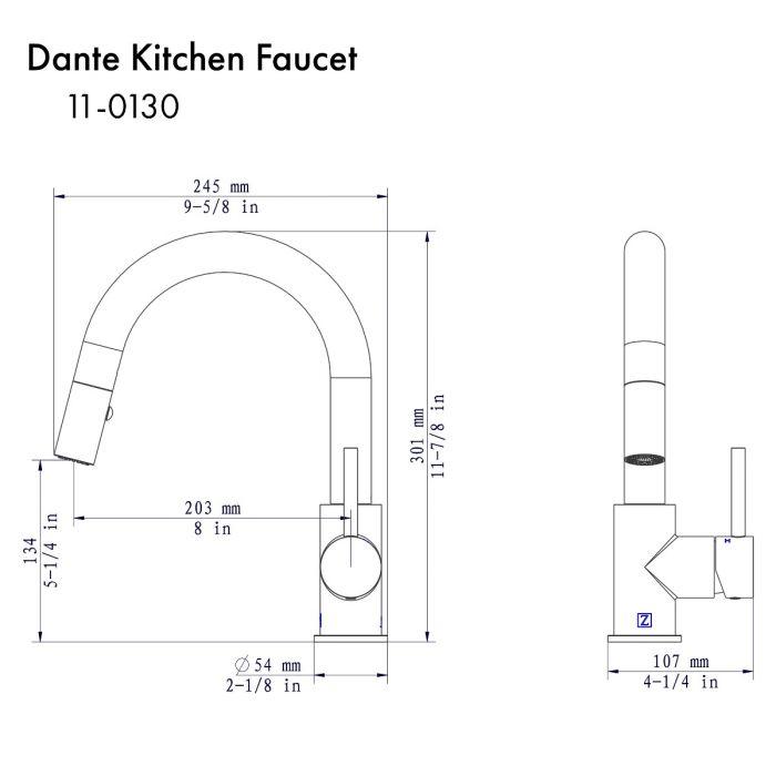 Dante kitchen faucet dimension diagram with height and reach measurements