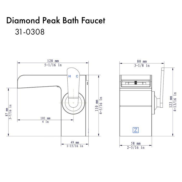 Diamond Peak bath faucet dimension diagram with measurements and key parts