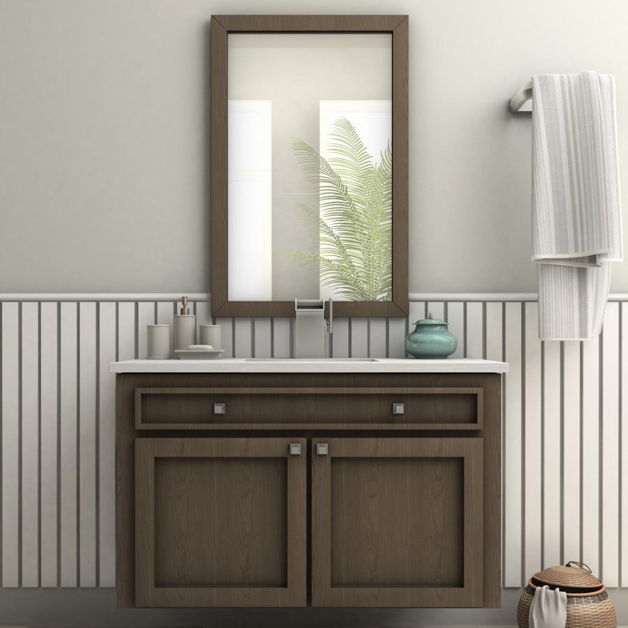 Brushed nickel wall-mount bath faucet with diamond-style accents on vanity