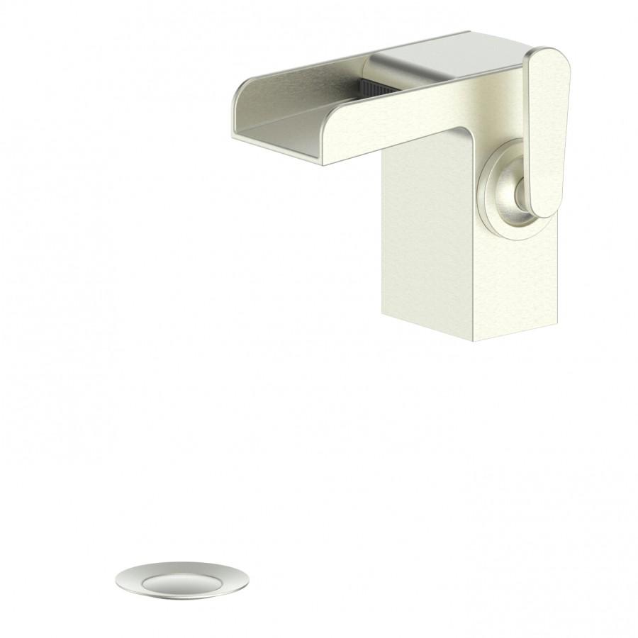Brushed nickel wall-mount bath faucet with arched spout and lever handle