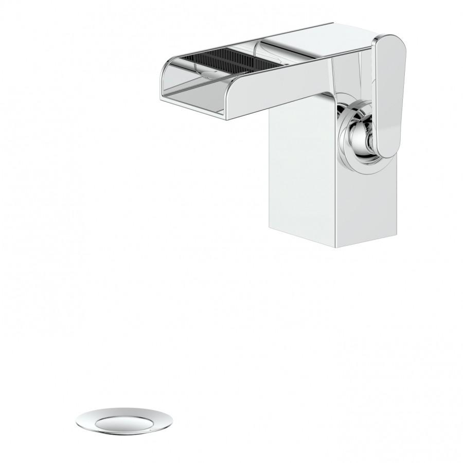 Chrome wall bath faucet with rectangular spout, round aerator outlet, and escutcheon