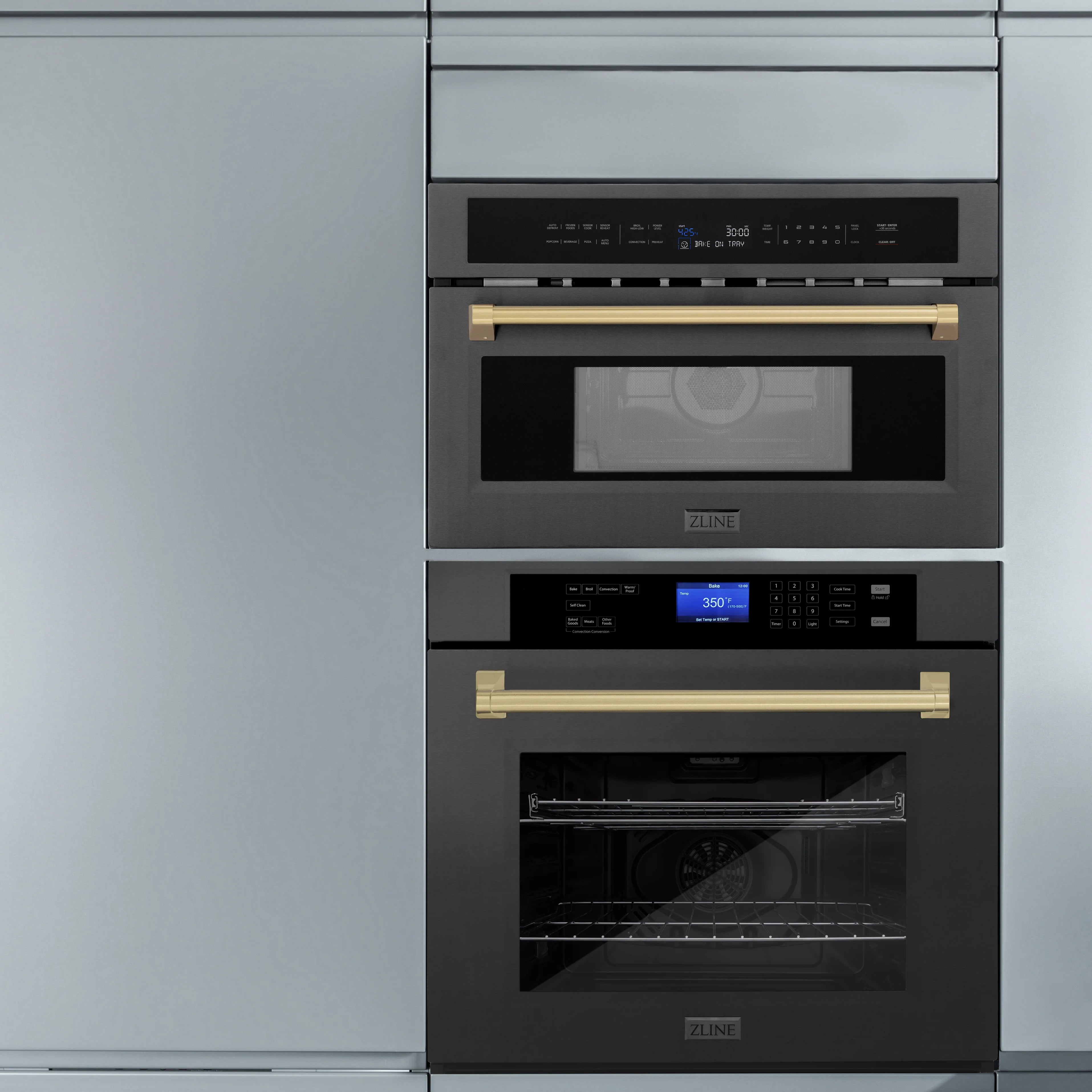 Built-in convection microwave oven installed in cabinetry, black stainless steel, bronze handle