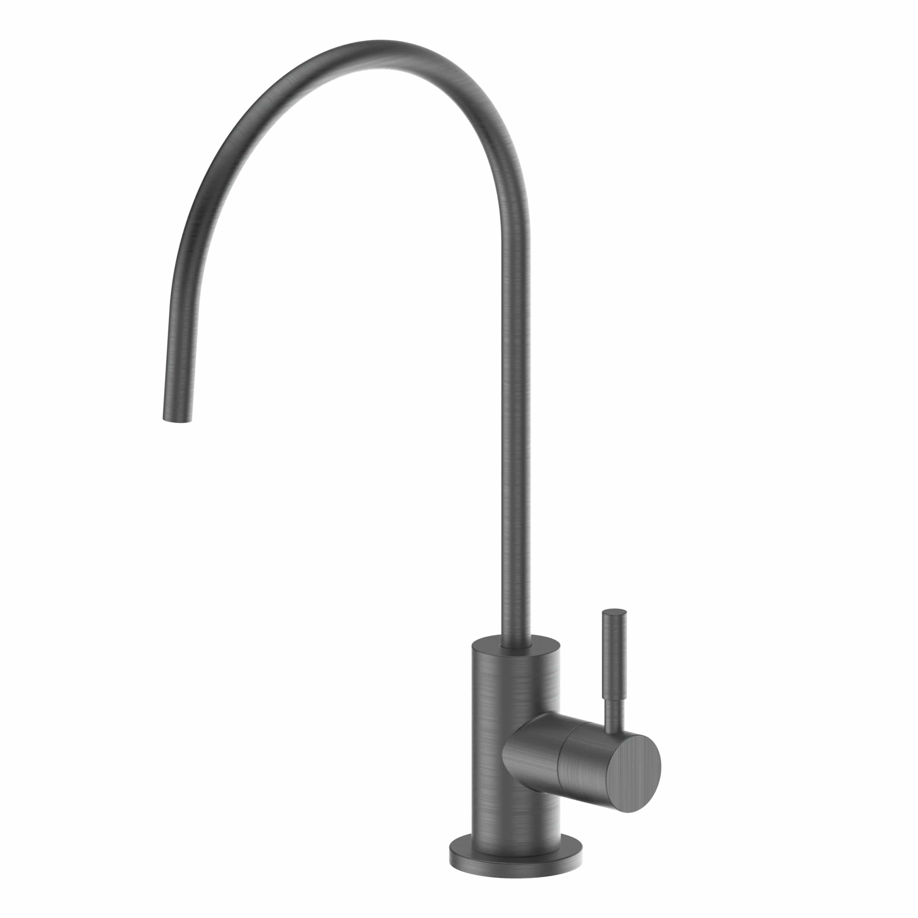 Gun metal beverage faucet with tall arched spout, cylindrical base, and lever handle.