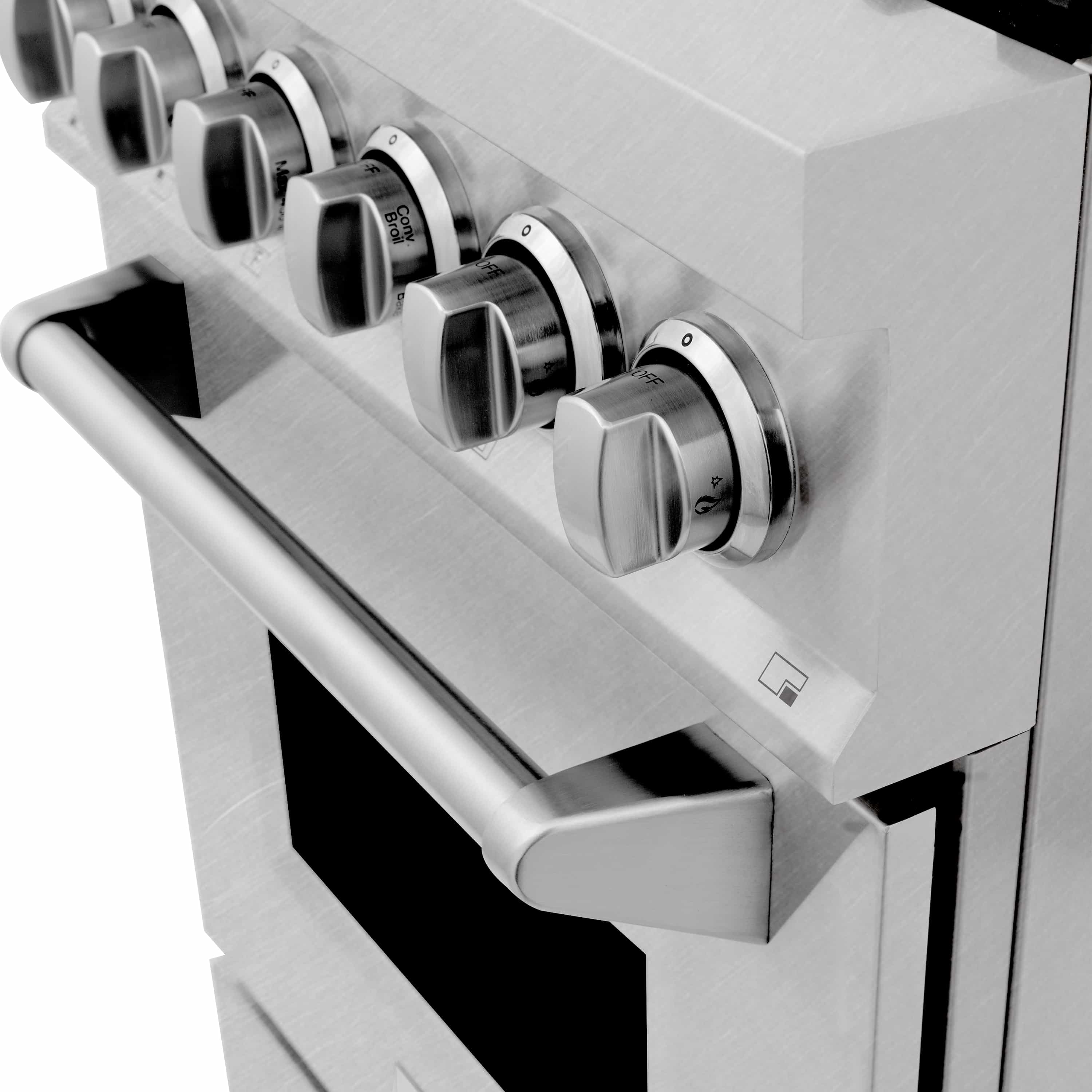 Dual fuel range control knobs on stainless control panel with side handle