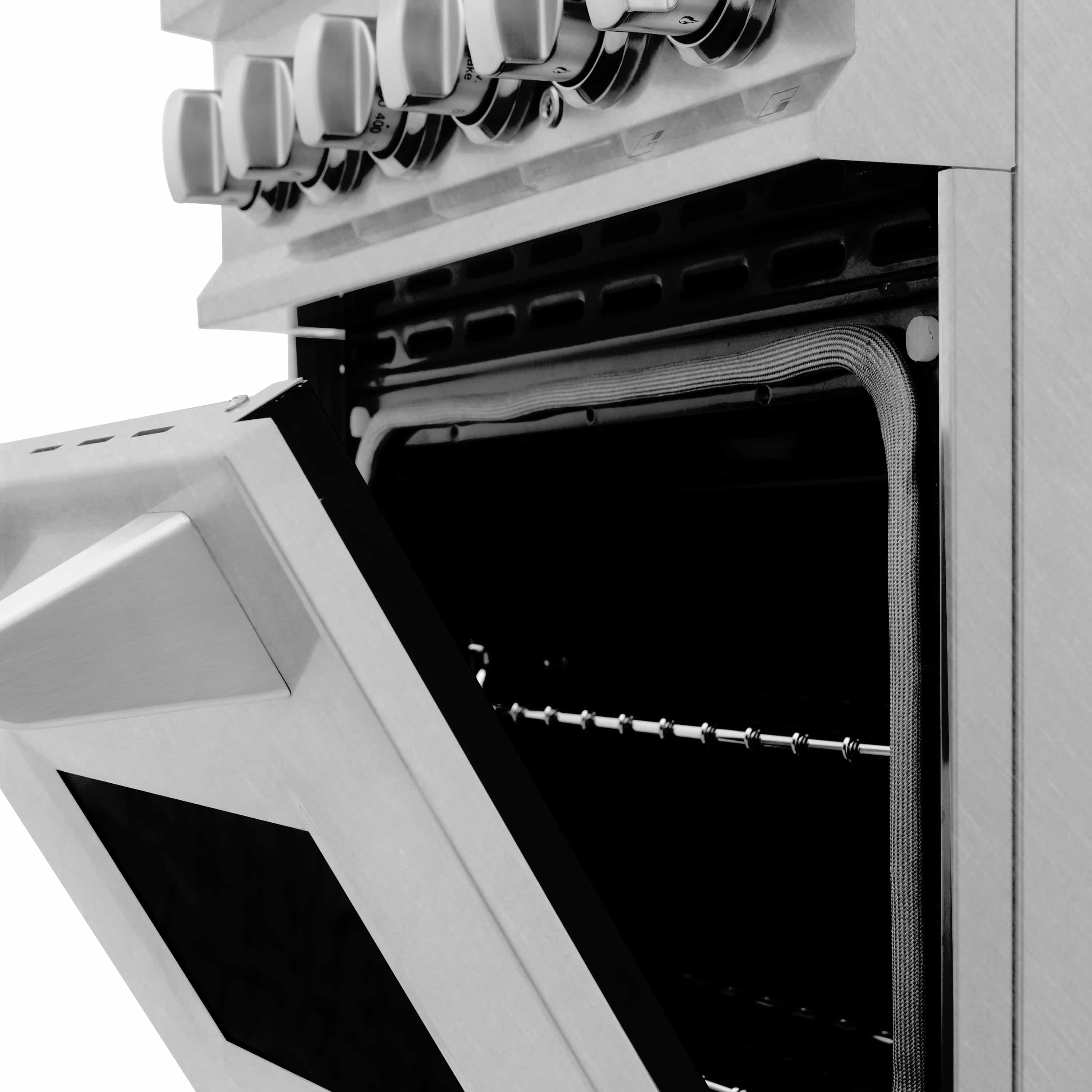 Open oven door showing black interior, wire rack supports, and side panel trim