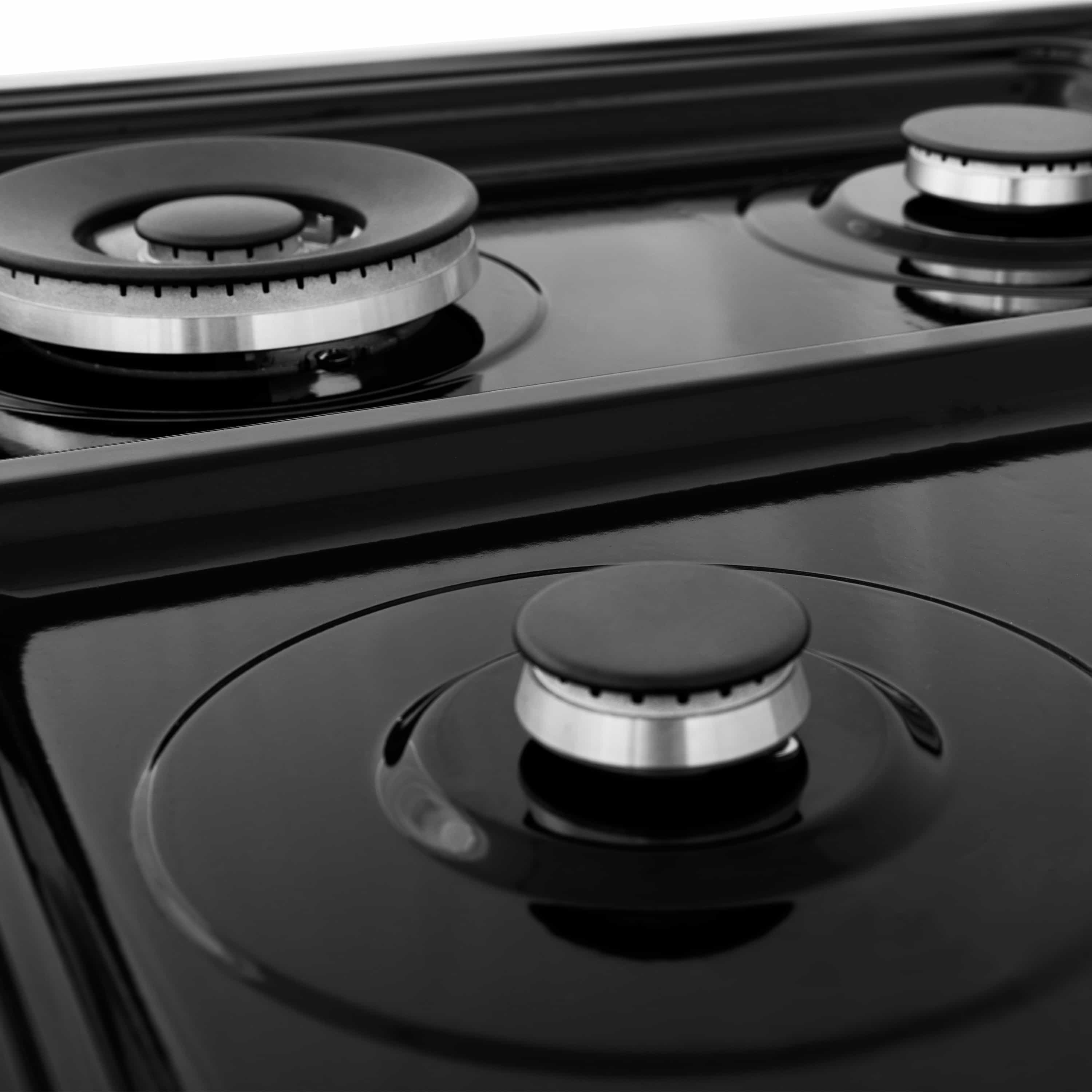 Dual fuel range cooktop with multiple burners and black removable burner caps